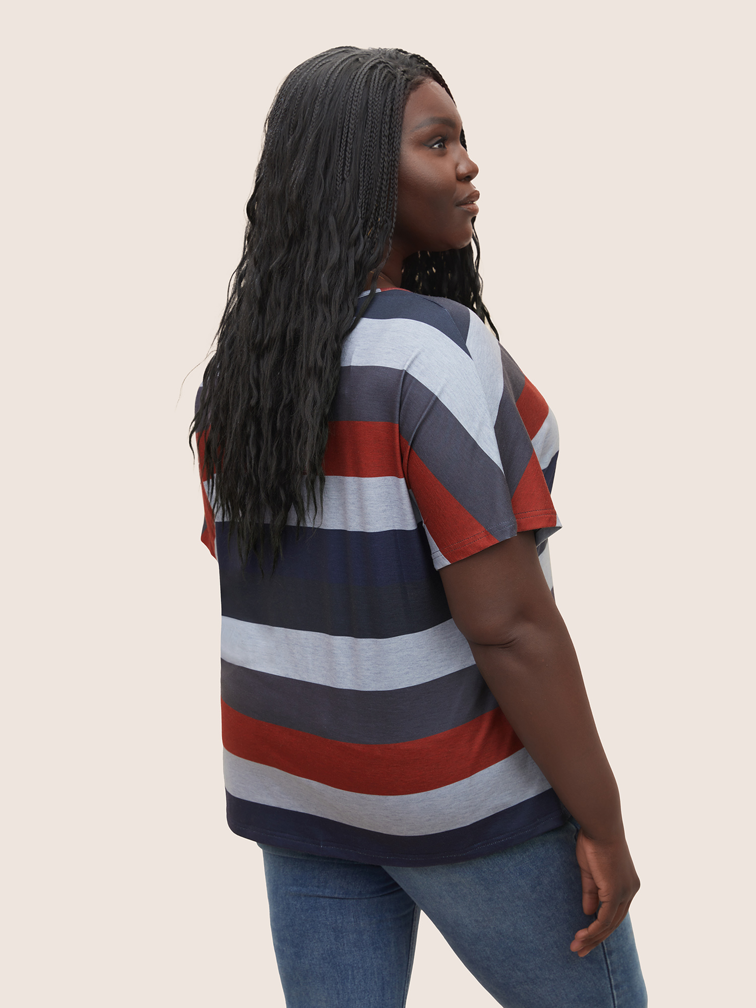 Plus Size Contrast Striped Dolman Sleeve T-shirt Multicolor Women Casual Striped V-neck Everyday T-shirts BloomChic 28/5X 