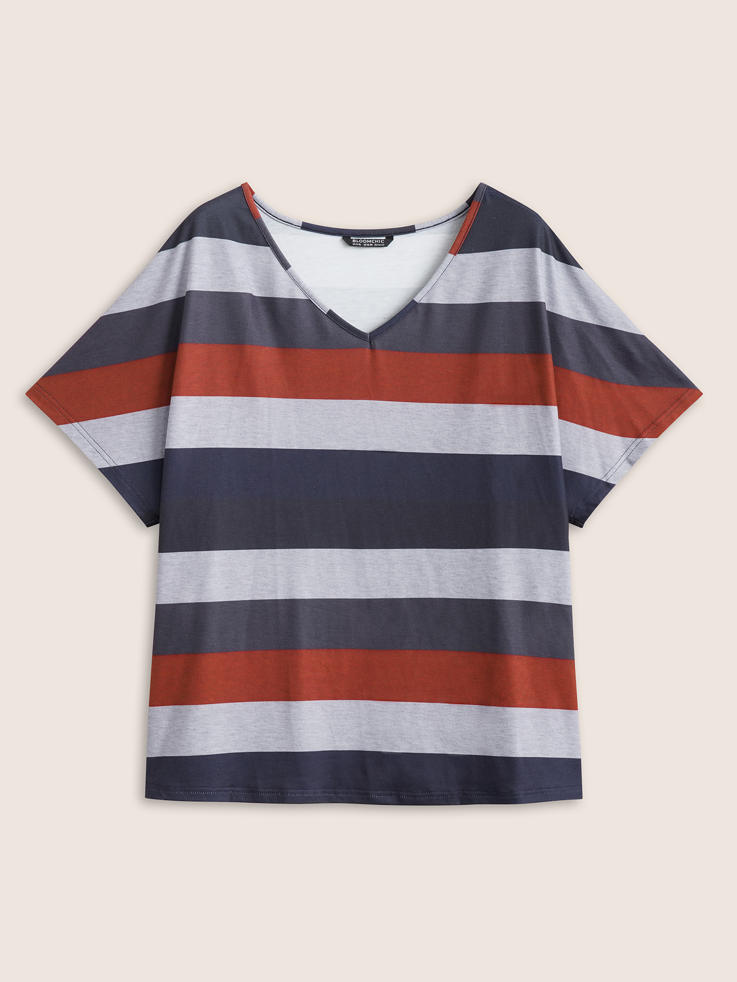Plus Size Contrast Striped Dolman Sleeve T-shirt Multicolor Women Casual Striped V-neck Everyday T-shirts BloomChic 28/5X 