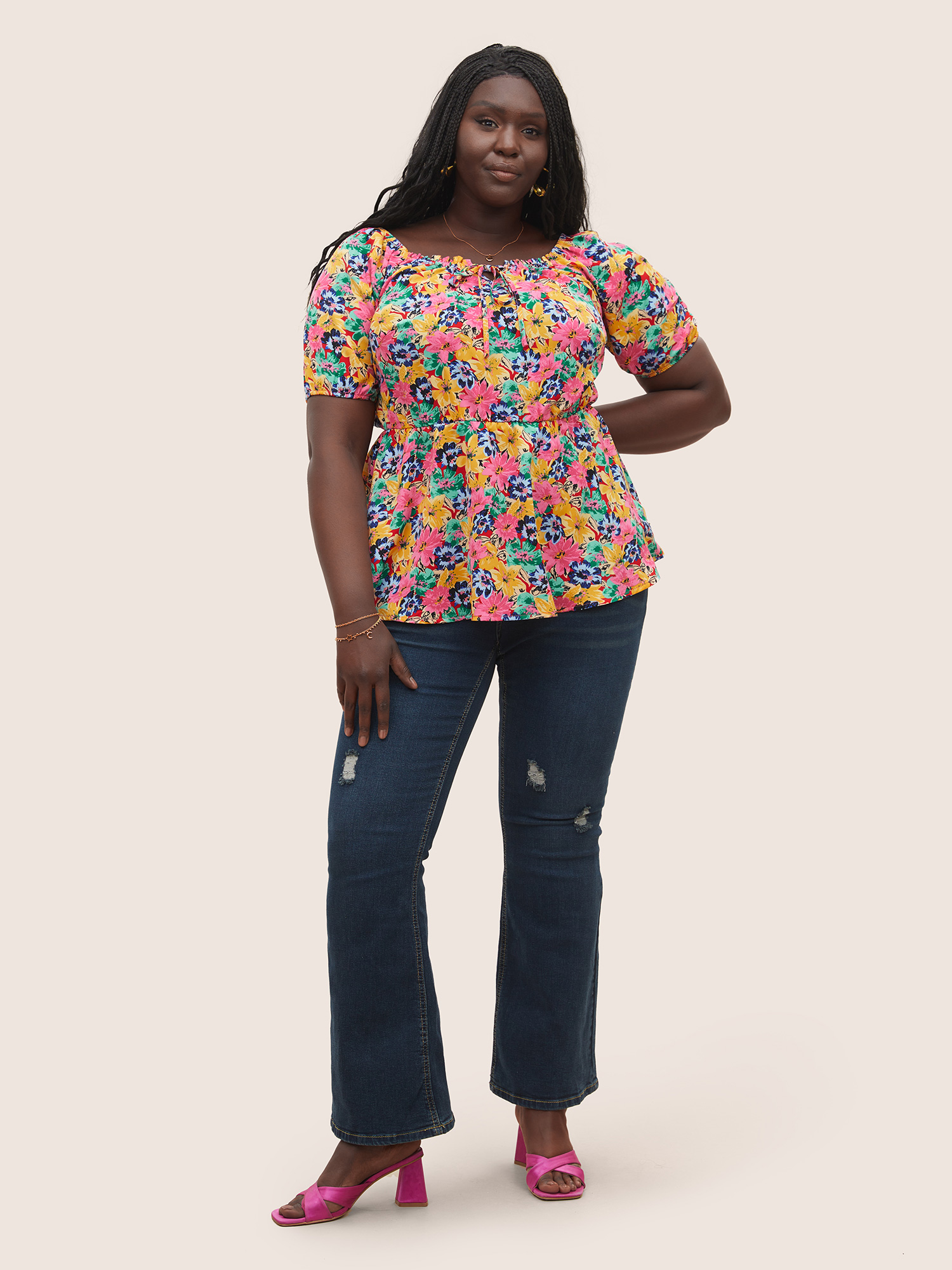 Plus Size Red Floral Elastic Waist Ties Lantern Sleeve Blouse Women Elegant Short sleeve Square Neck Everyday Blouses BloomChic 14-16/1X 