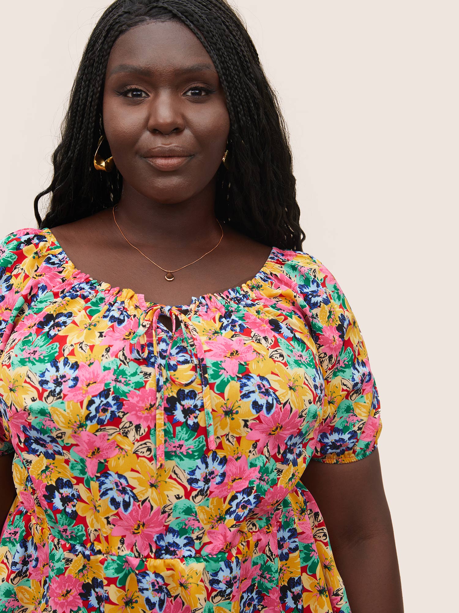 

Plus Size Red Floral Elastic Waist Ties Lantern Sleeve Blouse Women Elegant Short sleeve Square Neck Everyday Blouses BloomChic