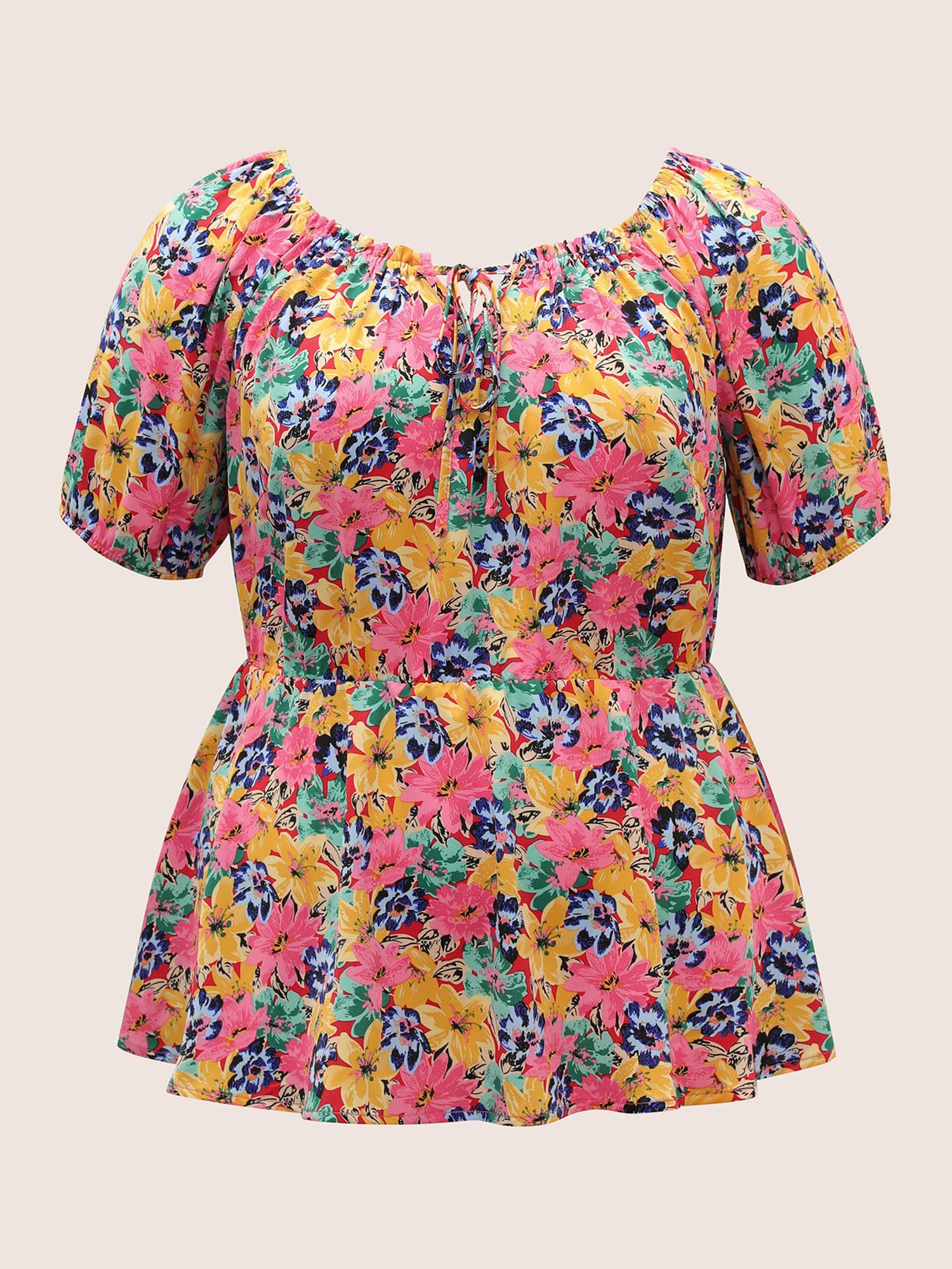 Plus Size Red Floral Elastic Waist Ties Lantern Sleeve Blouse Women Elegant Short sleeve Square Neck Everyday Blouses BloomChic 14-16/1X 