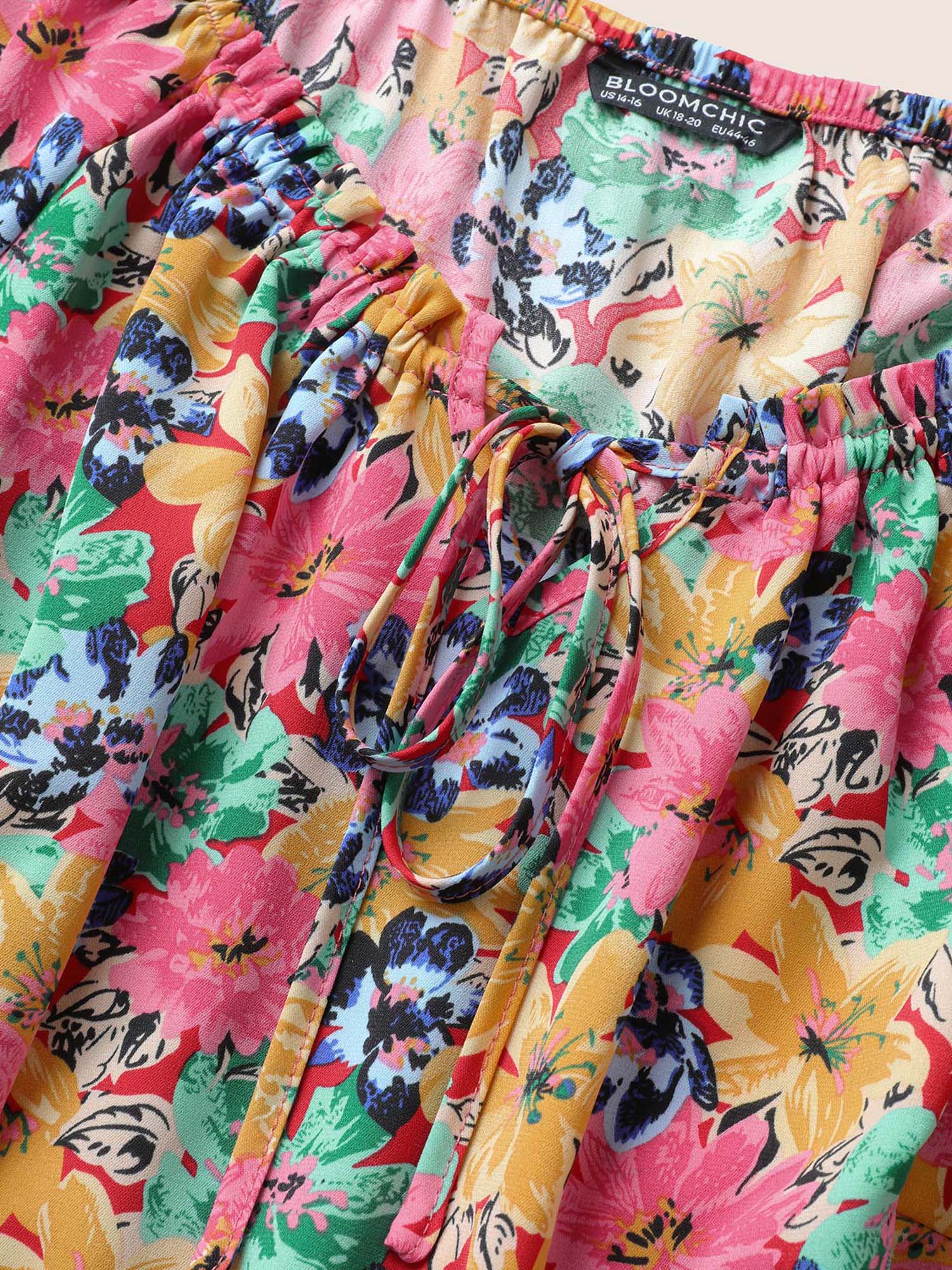 Plus Size Red Floral Elastic Waist Ties Lantern Sleeve Blouse Women Elegant Short sleeve Square Neck Everyday Blouses BloomChic 14-16/1X 