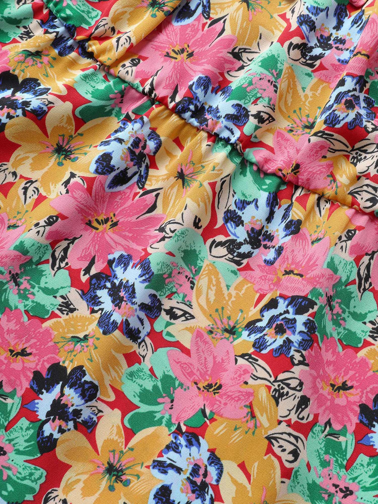 Plus Size Red Floral Elastic Waist Ties Lantern Sleeve Blouse Women Elegant Short sleeve Square Neck Everyday Blouses BloomChic 14-16/1X 