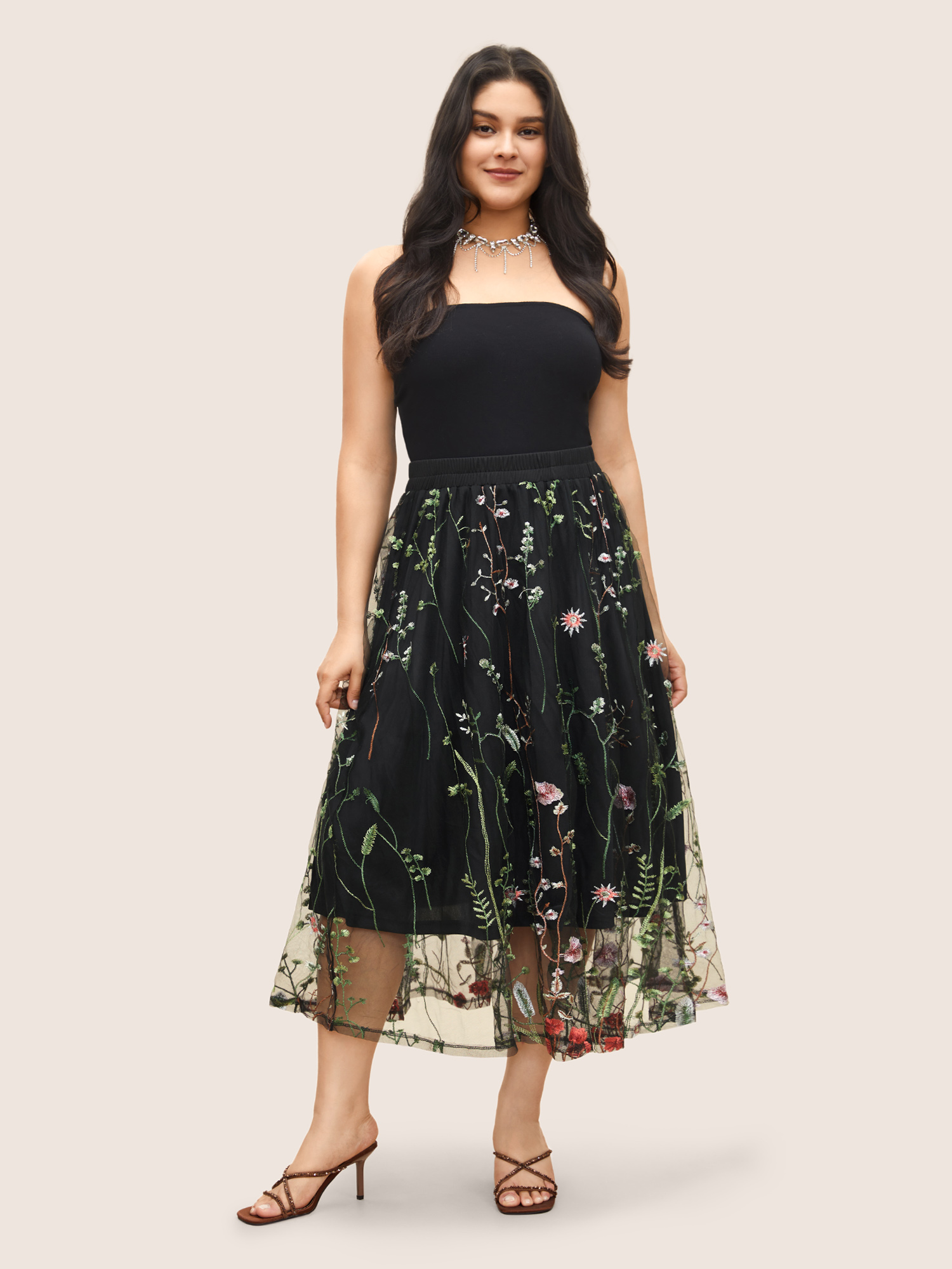 Plus Size Plants Embroidered Mesh Elastic Waist Skirt Women Black Cocktail See through No stretch Party Skirts BloomChic 14-16/1X 