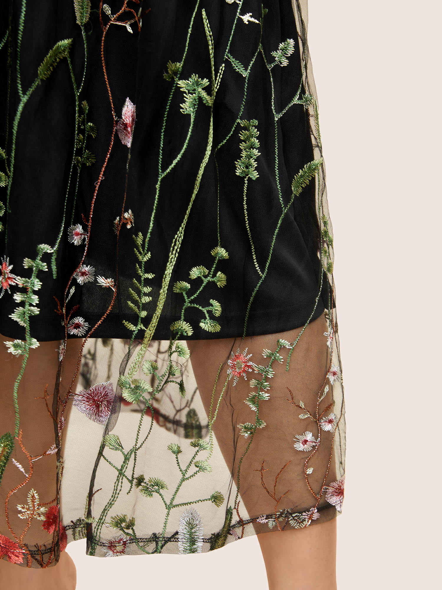 Plus Size Plants Embroidered Mesh Elastic Waist Skirt Women Black Cocktail See through No stretch Party Skirts BloomChic 14-16/1X 