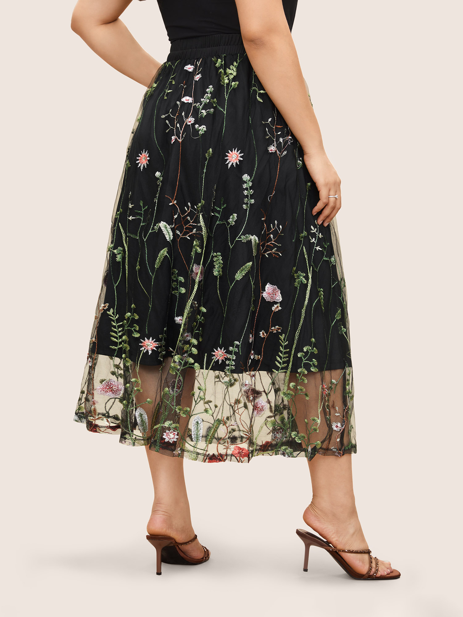 Plus Size Plants Embroidered Mesh Elastic Waist Skirt Women Black Cocktail See through No stretch Party Skirts BloomChic 14-16/1X 