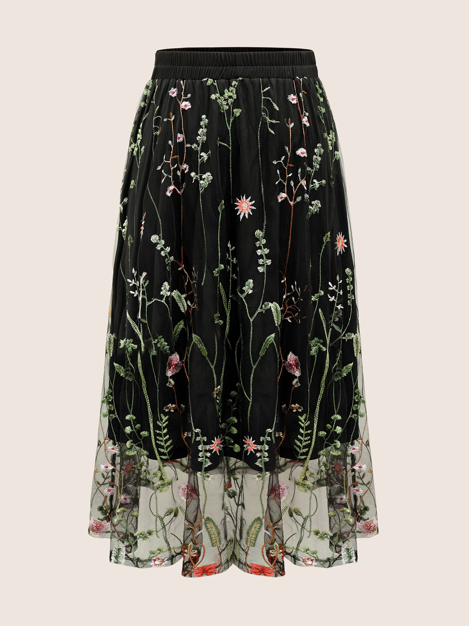 Plus Size Plants Embroidered Mesh Elastic Waist Skirt Women Black Cocktail See through No stretch Party Skirts BloomChic 14-16/1X 