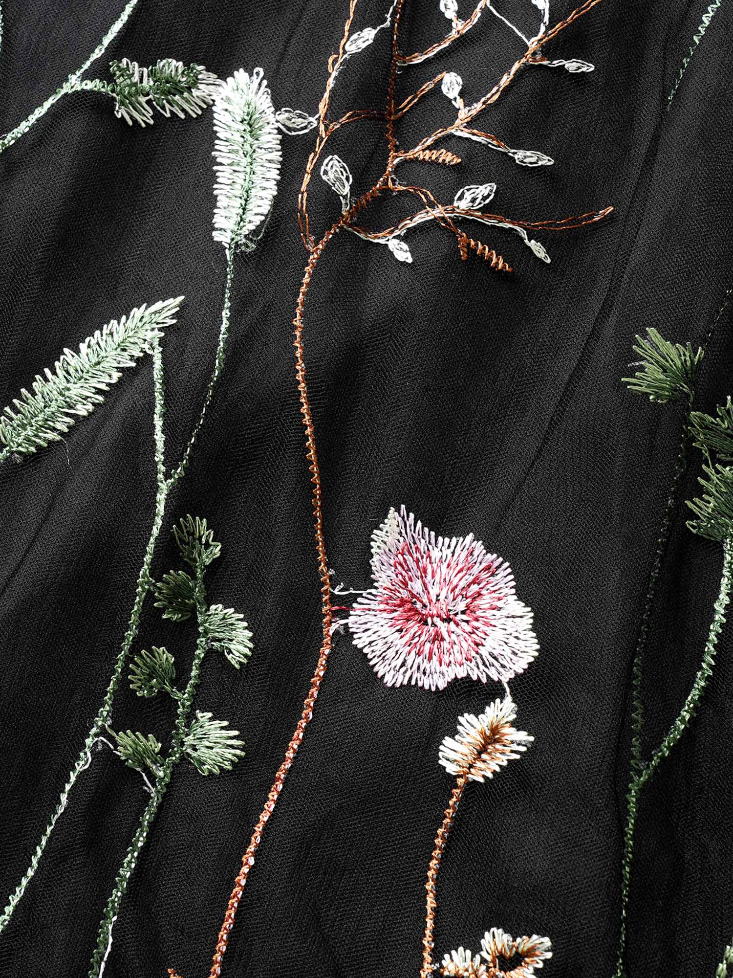 Plus Size Plants Embroidered Mesh Elastic Waist Skirt Women Black Cocktail See through No stretch Party Skirts BloomChic 14-16/1X 