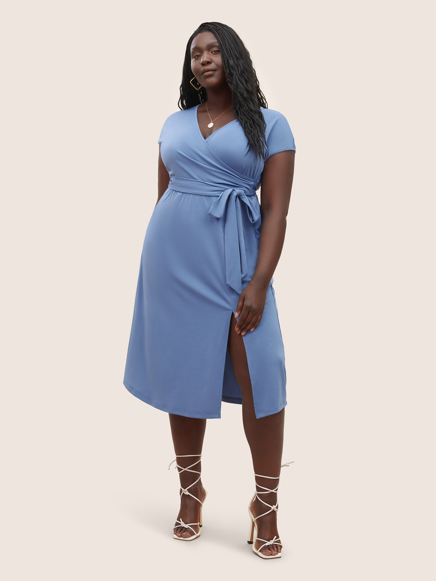 

Plus Size Solid Ties Wrap Dolman Sleeve Split Side Dress Stone Women Basics Non Overlap Collar Cap Sleeve Curvy Midi Dress BloomChic