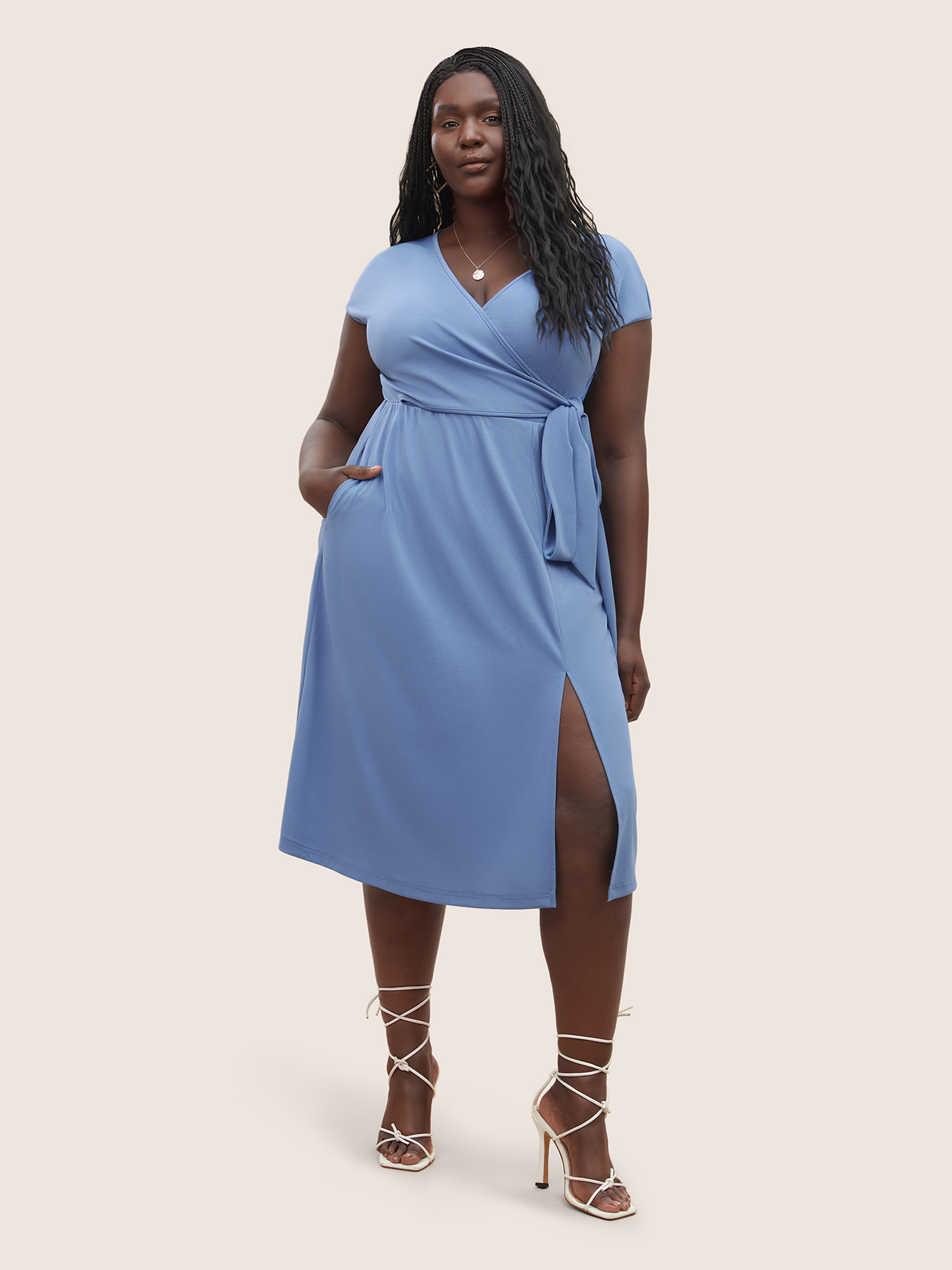 

Plus Size Solid Ties Wrap Dolman Sleeve Split Side Dress Stone Women Basics Non Overlap Collar Cap Sleeve Curvy Midi Dress BloomChic