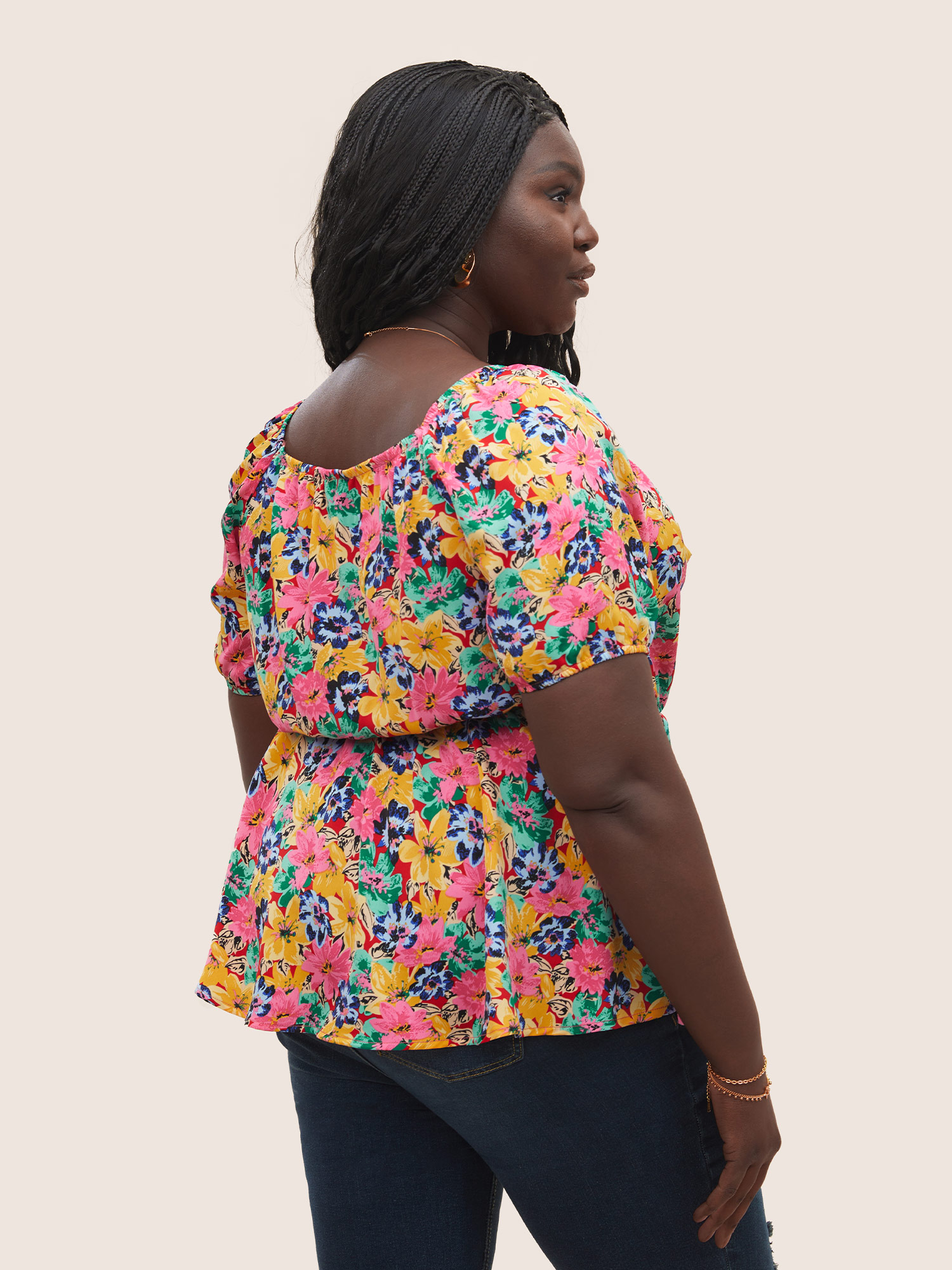 Plus Size Red Floral Elastic Waist Ties Lantern Sleeve Blouse Women Elegant Short sleeve Square Neck Everyday Blouses BloomChic 14-16/1X 