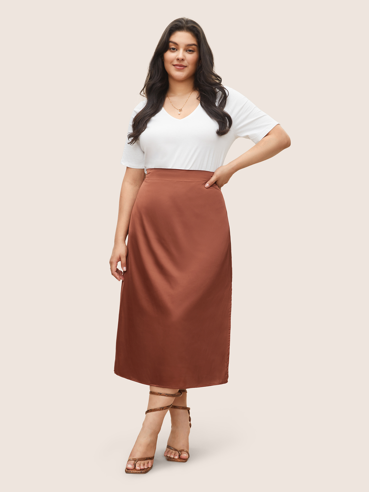 Plus Size Satin Split Side Elastic Waist Skirt Women Chocolate Elegant Non No stretch Everyday Skirts BloomChic 12/L 