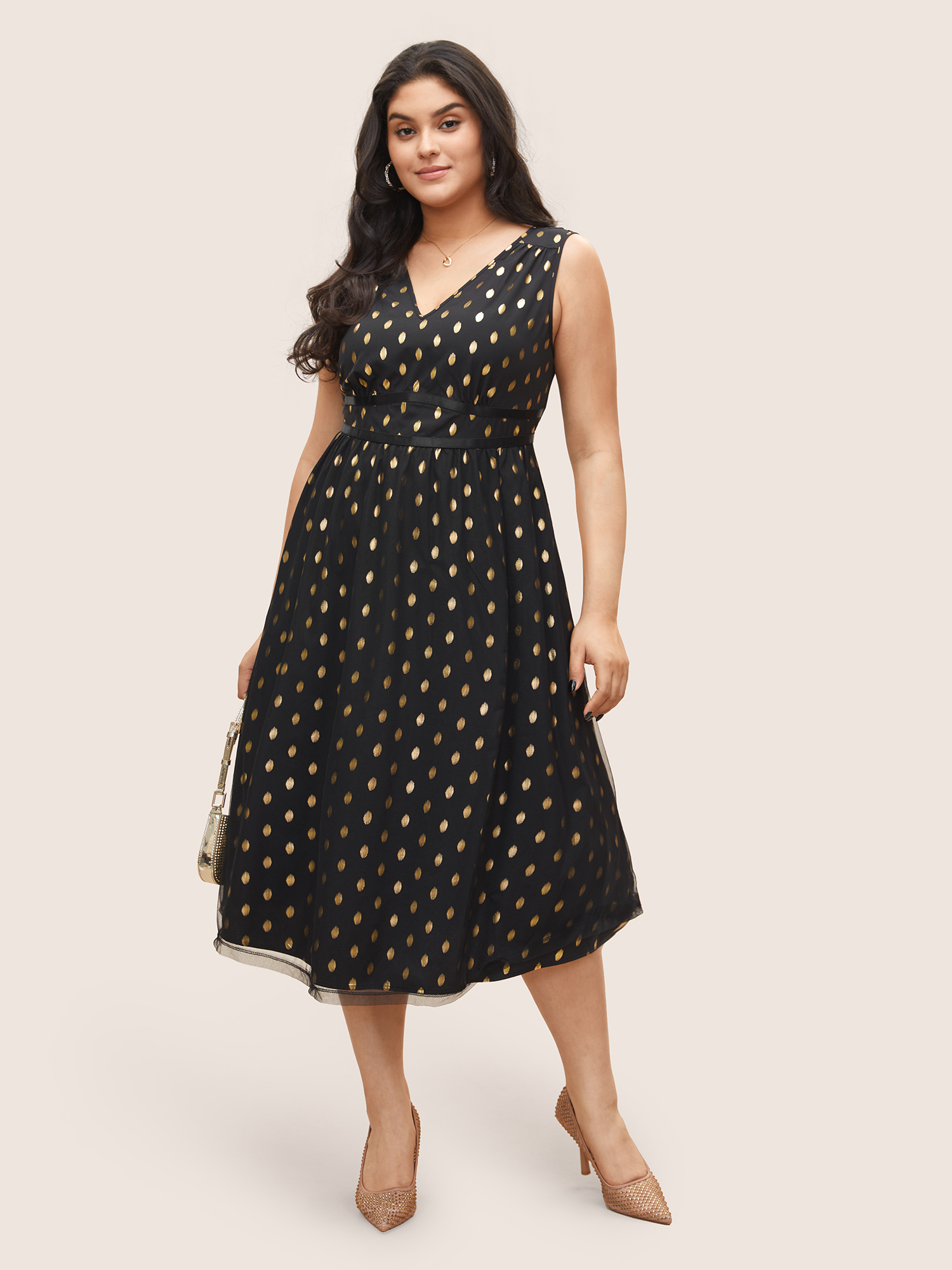 

Plus Size Glitter Polka Dot Pocket Patchwork Tank Dress Black Women Cocktail Non V-neck Sleeveless Curvy Midi Dress BloomChic