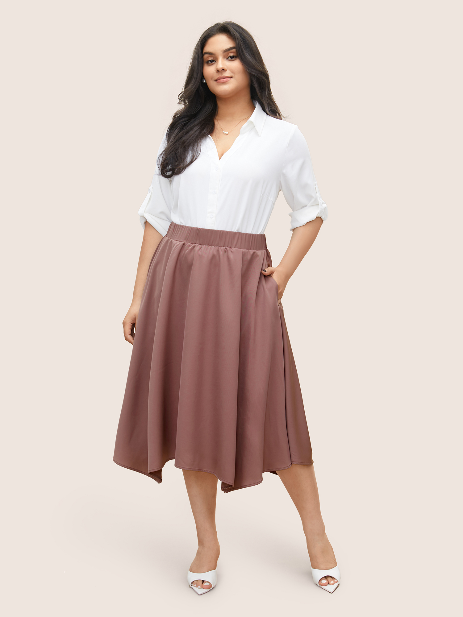 

Plus Size Plain Elastic Waist Hanky Hem Skirt Women Russet At the Office Non No stretch Slanted pocket Work Skirts BloomChic