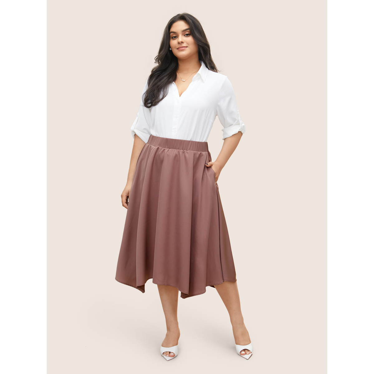 

Plus Size Plain Elastic Waist Hanky Hem Skirt Women Russet At the Office Non No stretch Slanted pocket Work Skirts BloomChic