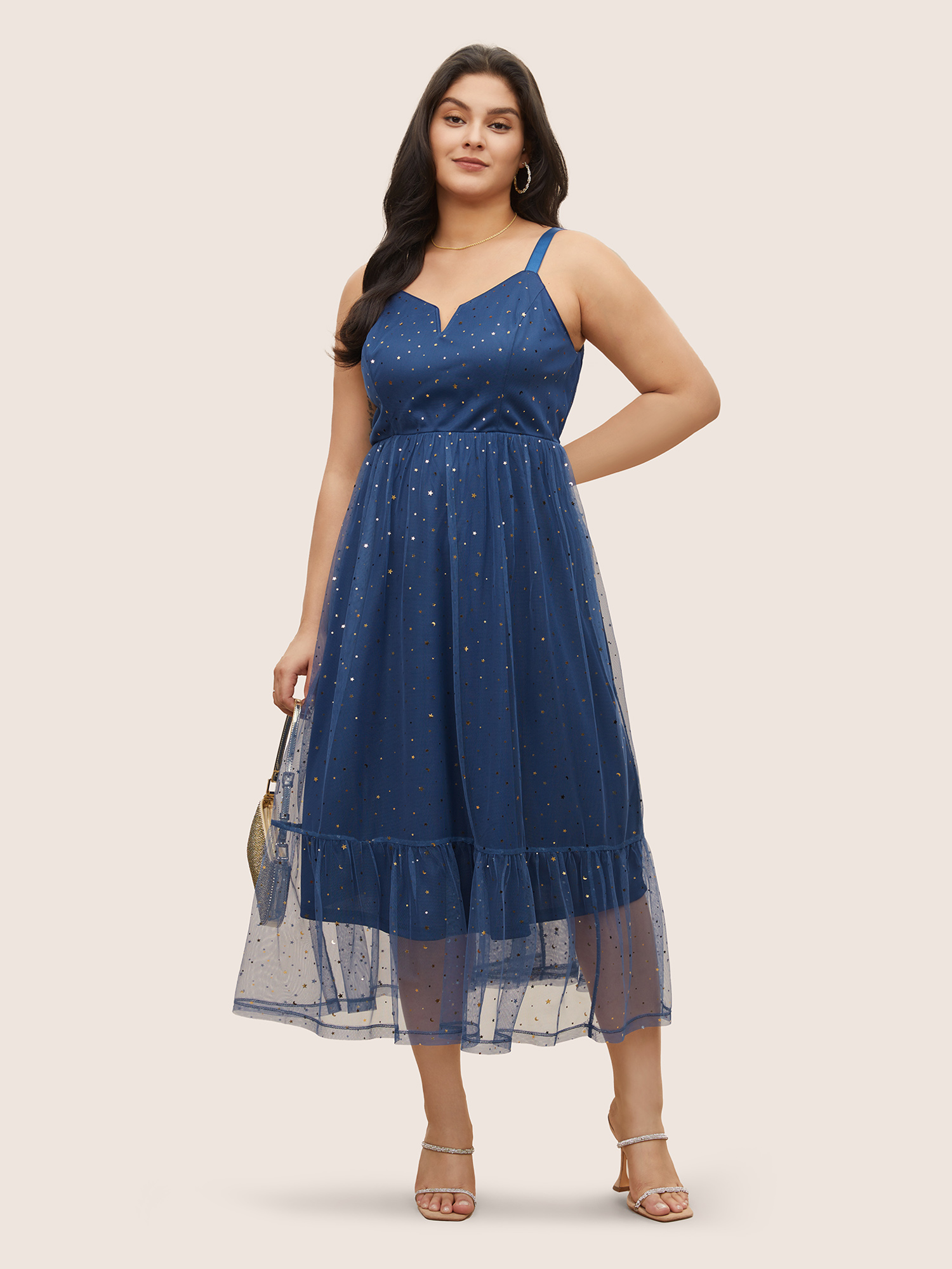 

Plus Size Moon & Star Sequin Layered Hem Notched Cami Dress DarkBlue Women Cocktail Non Notched collar Sleeveless Curvy Midi Dress BloomChic