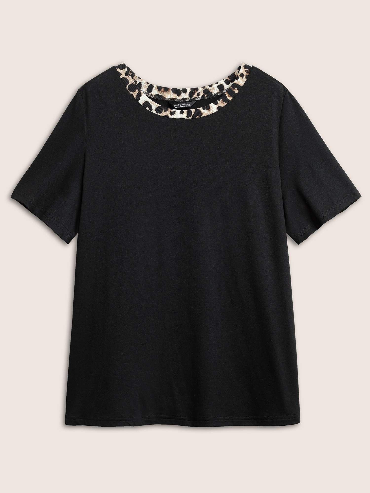 Plus Size Round Neck Leopard Print Patchwork T-shirt Black Women Casual Patchwork Leopard Round Neck Everyday T-shirts BloomChic 10/M 