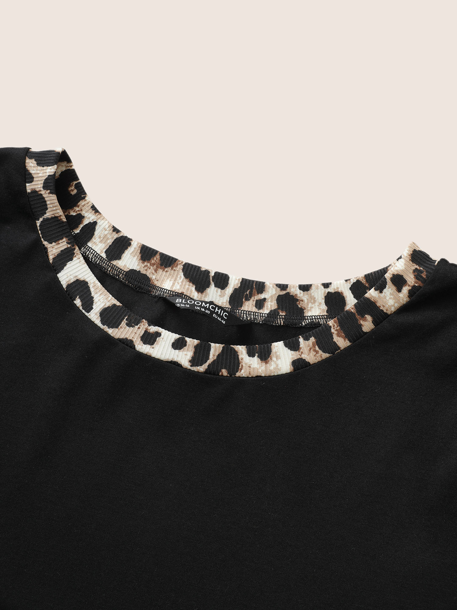 Plus Size Round Neck Leopard Print Patchwork T-shirt Black Women Casual Patchwork Leopard Round Neck Everyday T-shirts BloomChic 10/M 