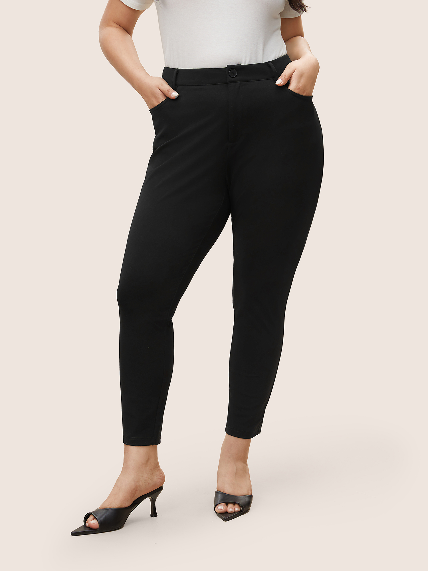 

Plus Size High Rise Button Up Skinny Pants Women Black At the Office Skinny High Rise Work Pants BloomChic