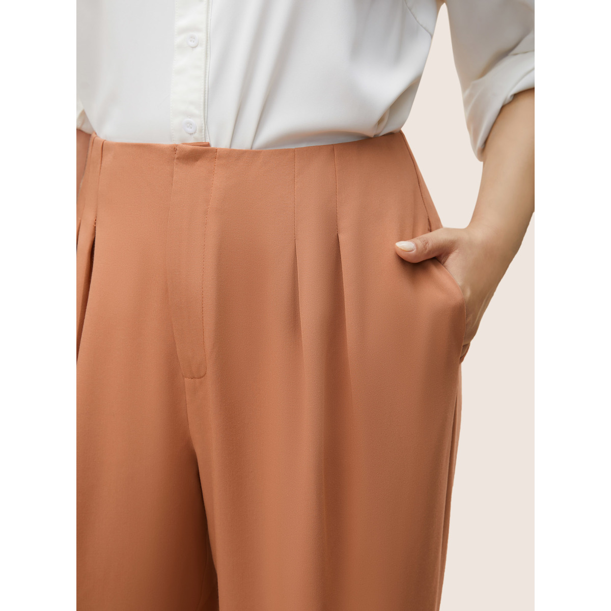 

Plus Size Plain Zipper Fly Pleated Wide Leg Pants Women Coral Casual Wide Leg High Rise Everyday Pants BloomChic
