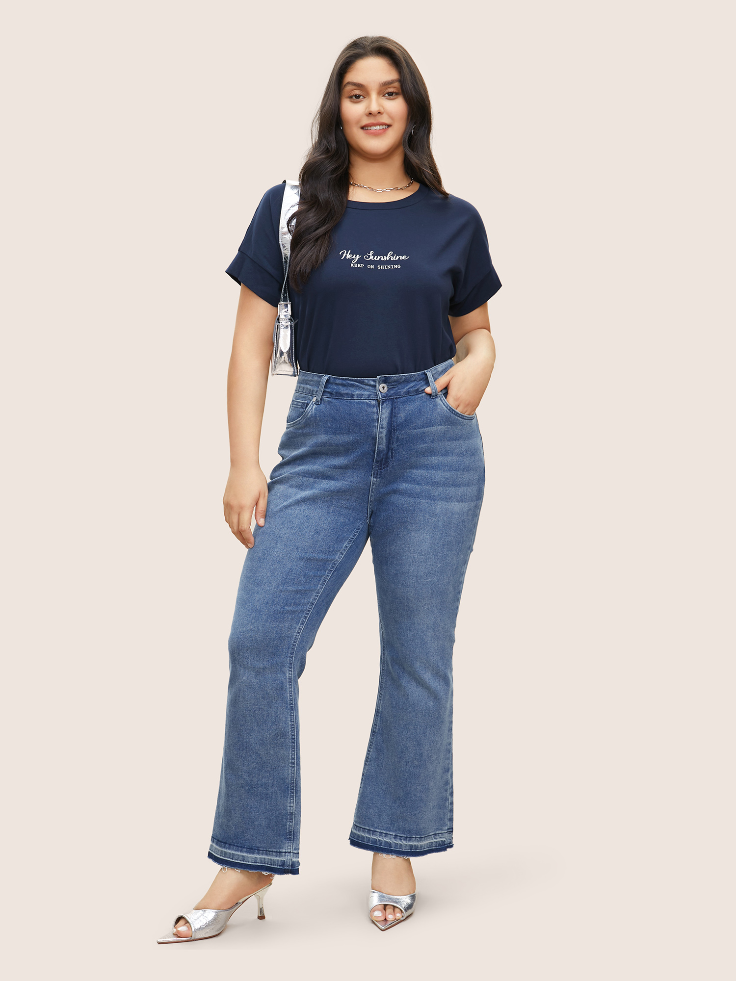 

Plus Size Cotton Positive Slogans Print Round Neck T-shirt Indigo Women Casual Non Positive slogan Everyday T-shirts BloomChic