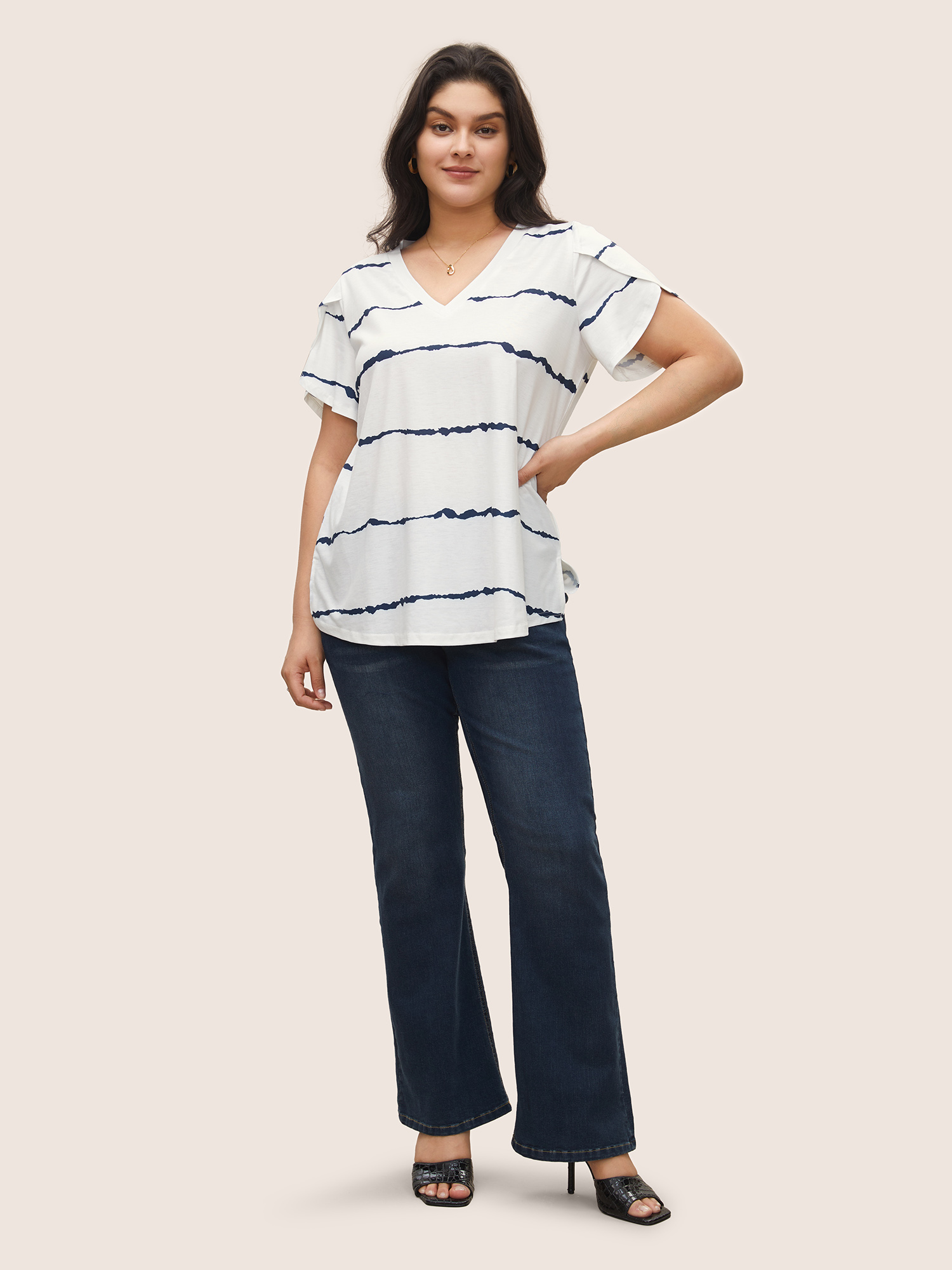 Plus Size Striped Contrast Petal Sleeve T-shirt White Women Elegant Striped V-neck Everyday T-shirts BloomChic 10/M 