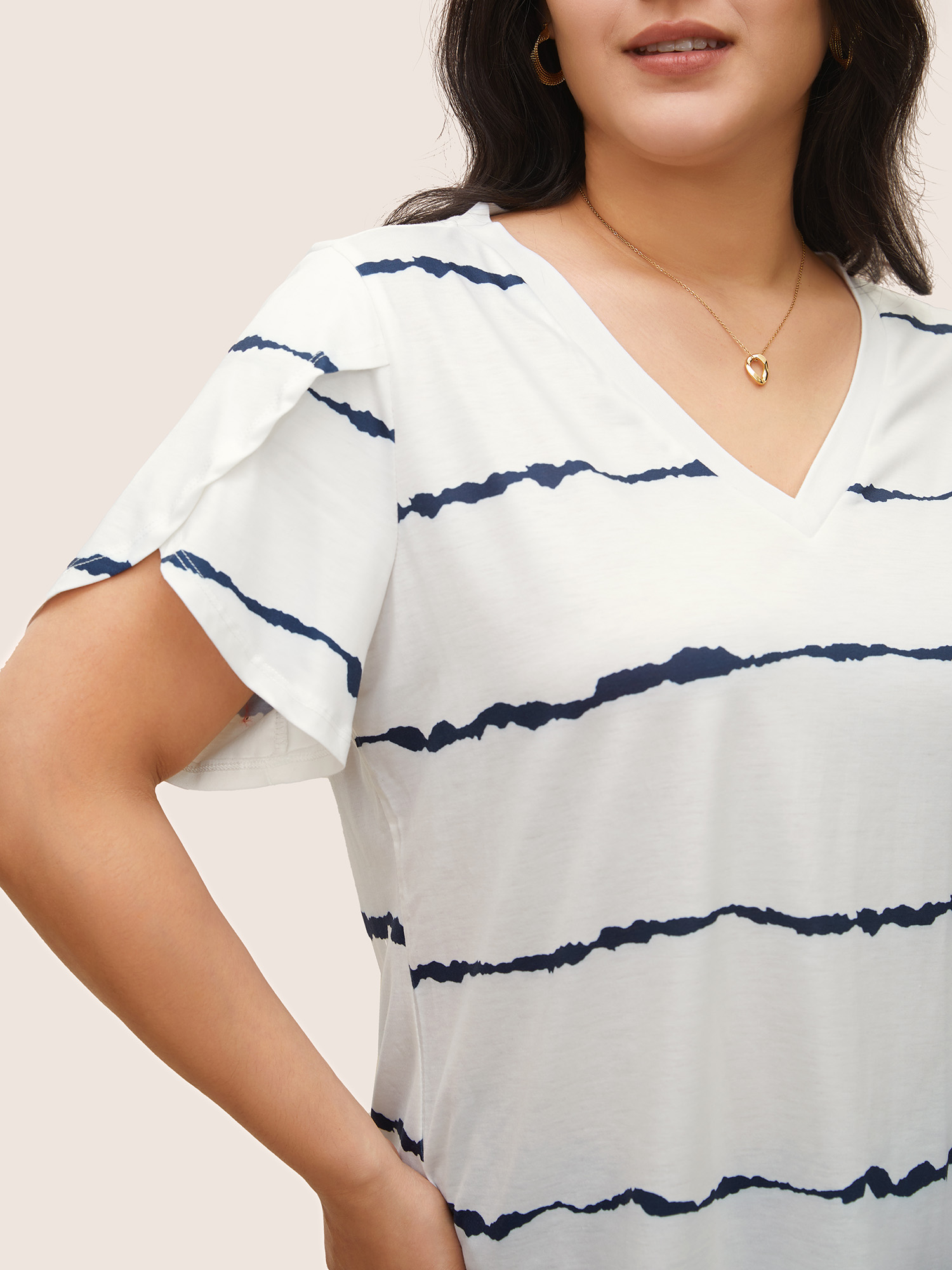 Plus Size Striped Contrast Petal Sleeve T-shirt White Women Elegant Striped V-neck Everyday T-shirts BloomChic 10/M 