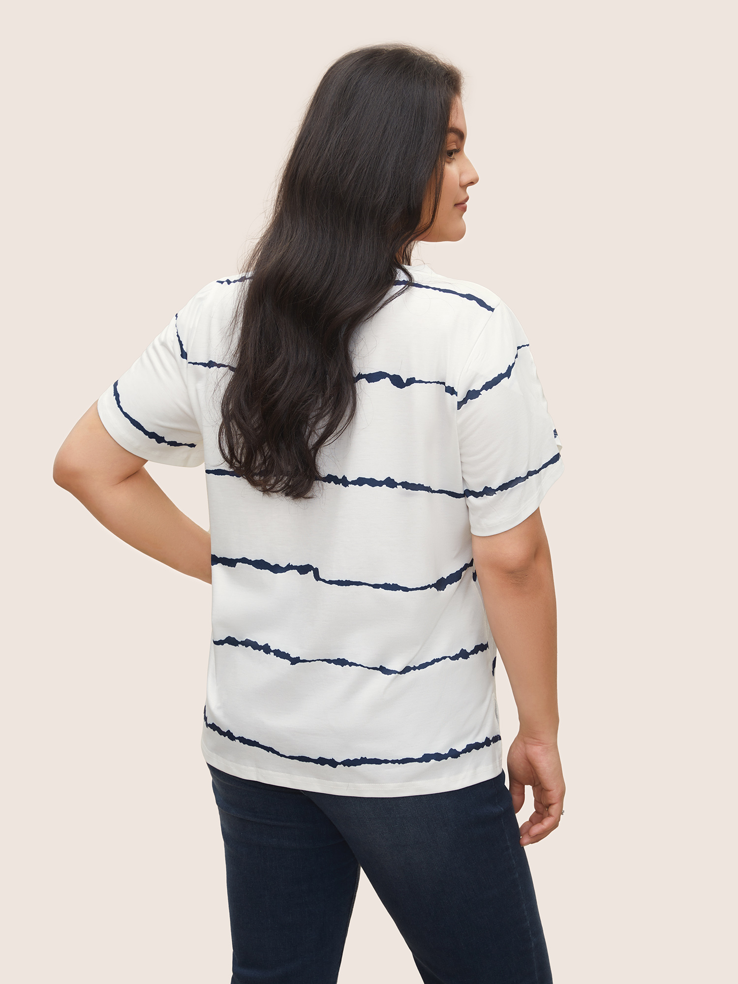 Plus Size Striped Contrast Petal Sleeve T-shirt White Women Elegant Striped V-neck Everyday T-shirts BloomChic 10/M 