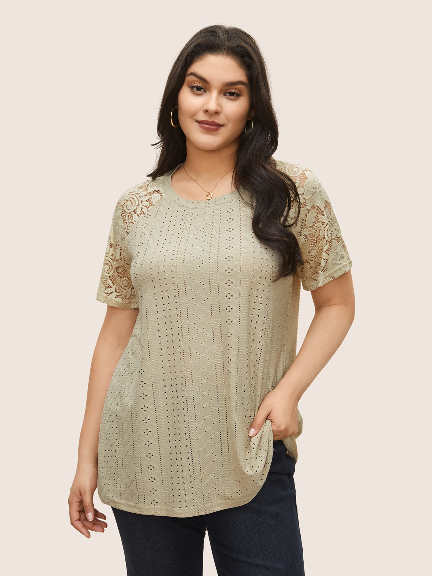 

Plus Size Solid Broderie Anglaise Lace Raglan Sleeve T-shirt Champagne Women Elegant See through Plain Round Neck Everyday T-shirts BloomChic