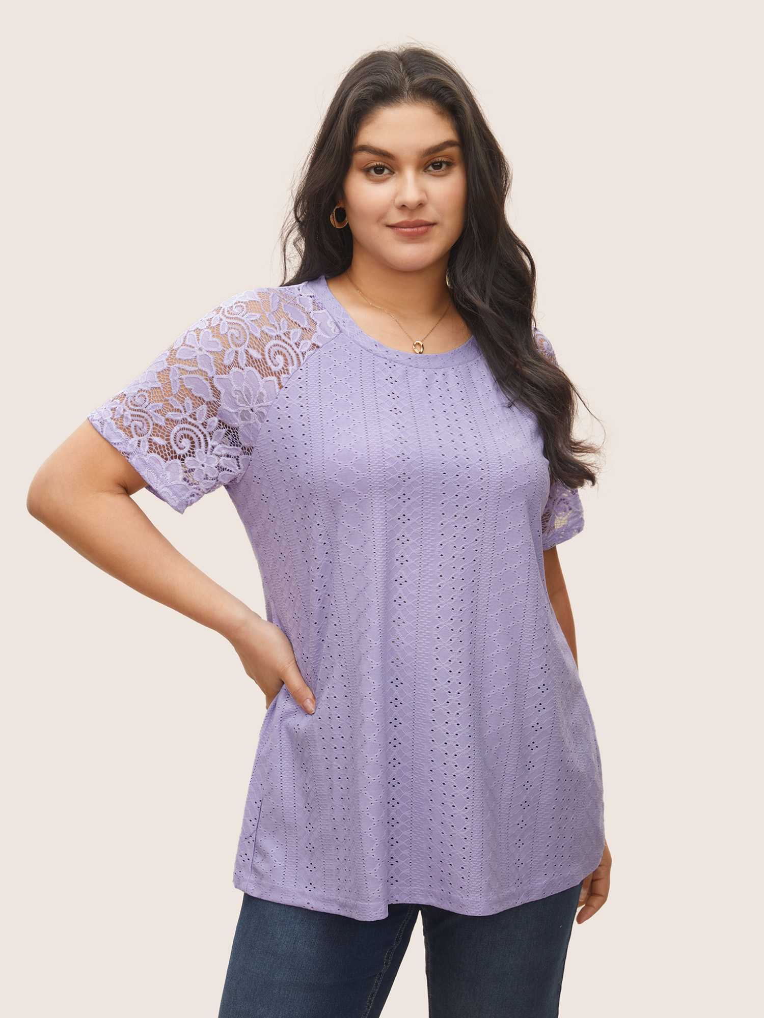 

Plus Size Solid Broderie Anglaise Lace Raglan Sleeve T-shirt Lilac Women Elegant See through Plain Round Neck Everyday T-shirts BloomChic