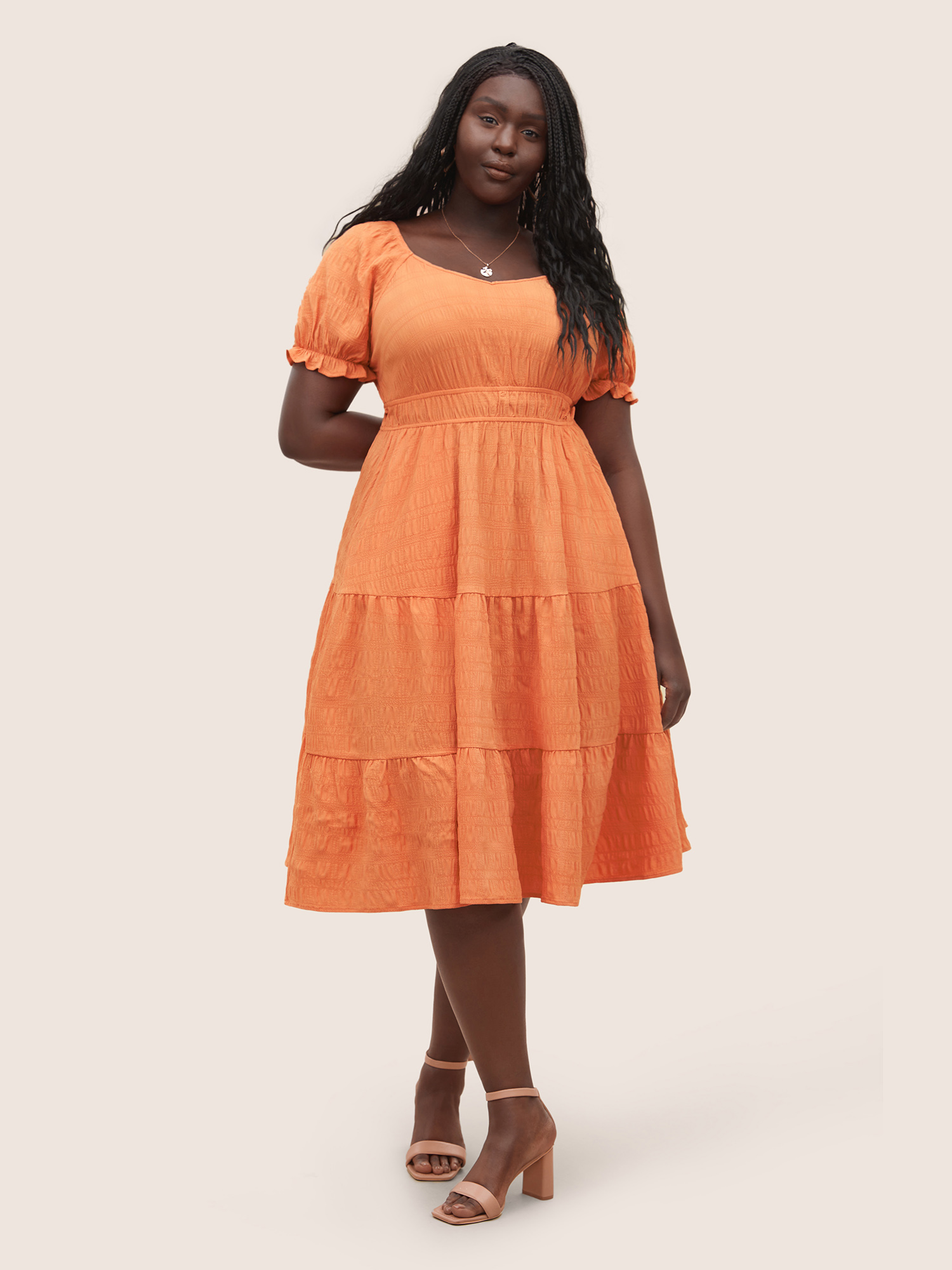 

Plus Size Plisse Flutter Patchwork Hem Lantern Sleeve Dress Coral Women Elegant Non V-neck Short sleeve Curvy Midi Dress BloomChic