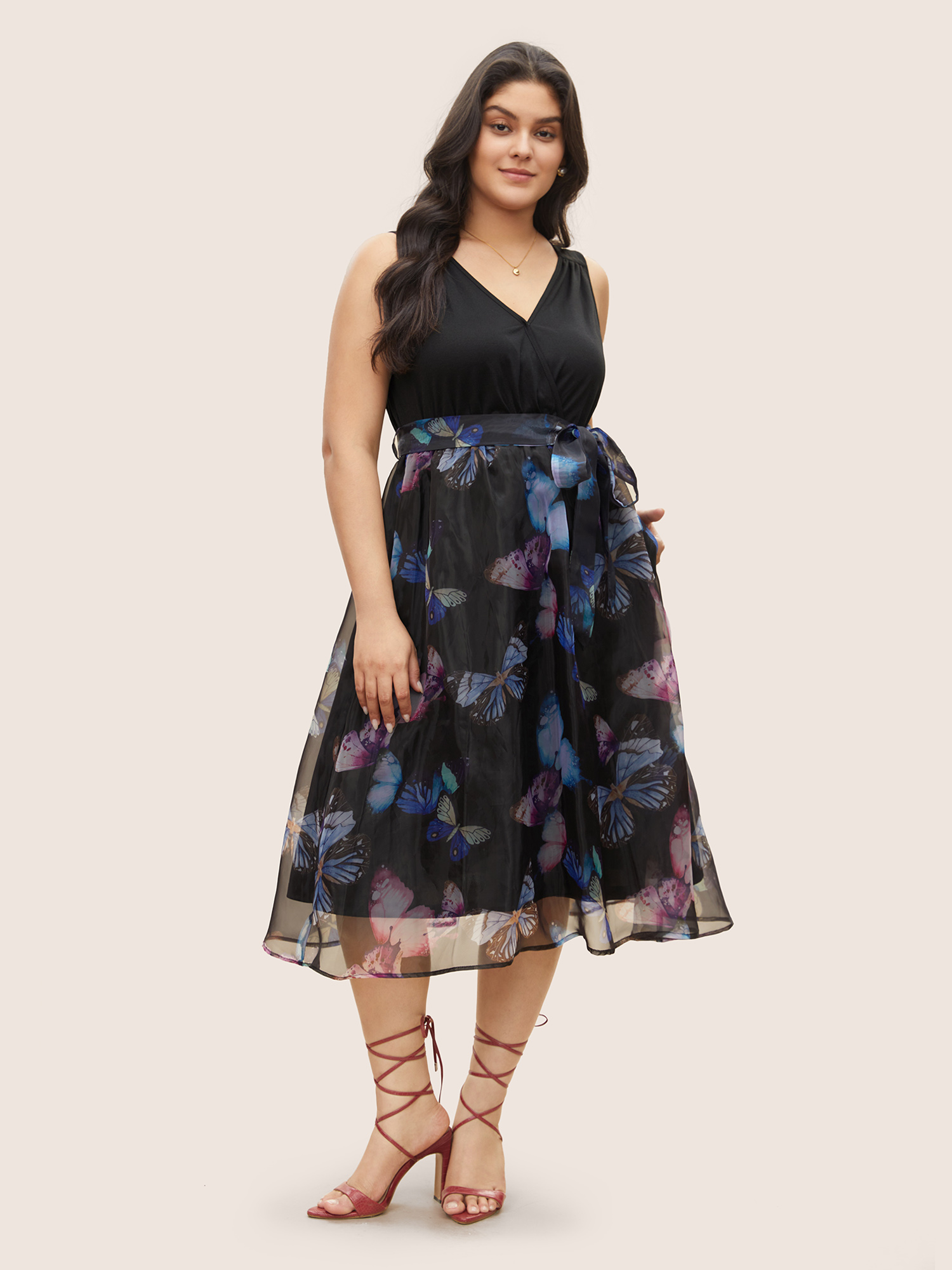 

Plus Size Butterfly Mesh Patchwork Wrap Belted Dress Black Women Cocktail Non Overlap Collar Sleeveless Curvy BloomChic