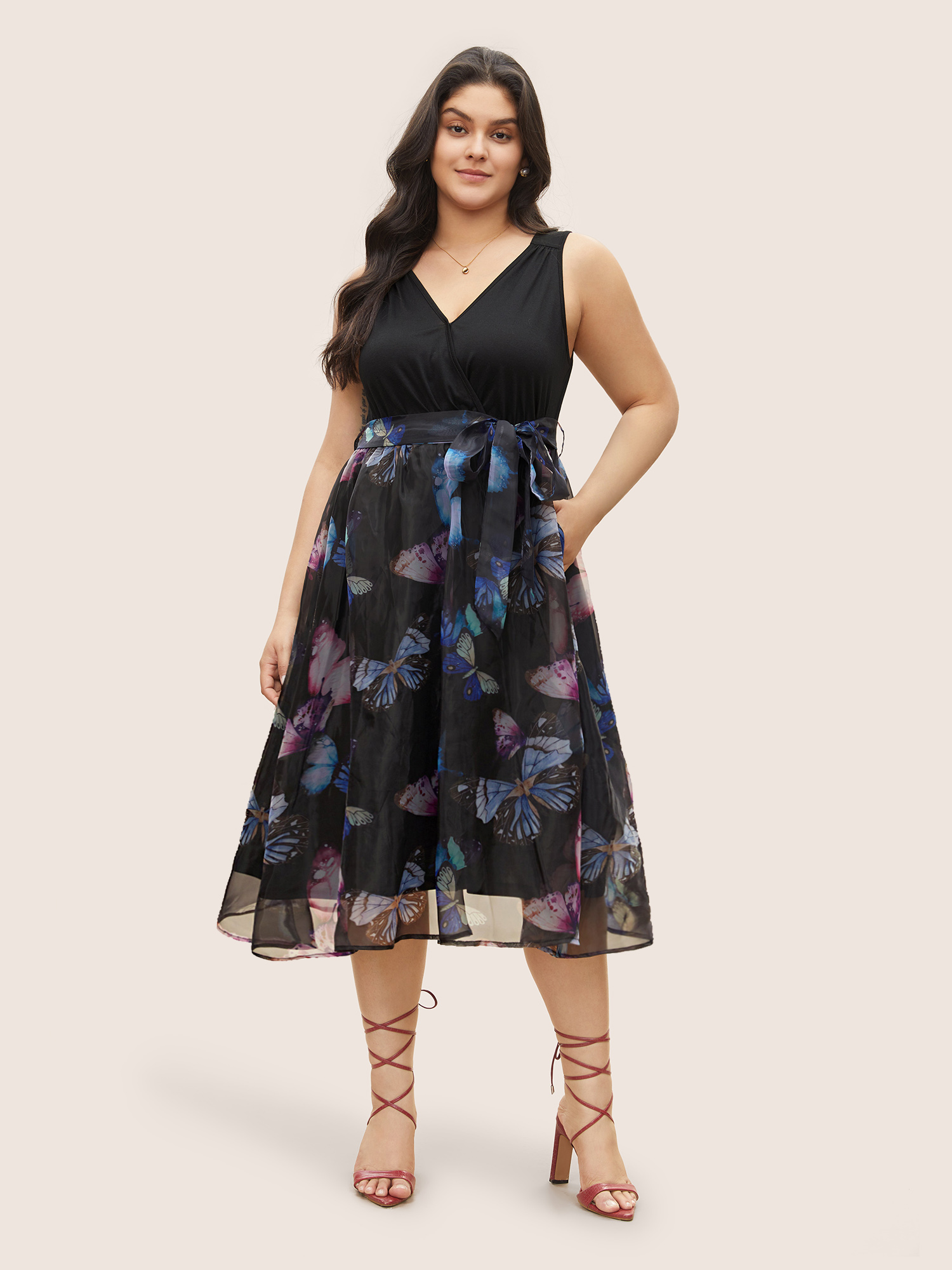 

Plus Size Butterfly Mesh Patchwork Wrap Belted Dress Black Women Cocktail Non Overlap Collar Sleeveless Curvy BloomChic