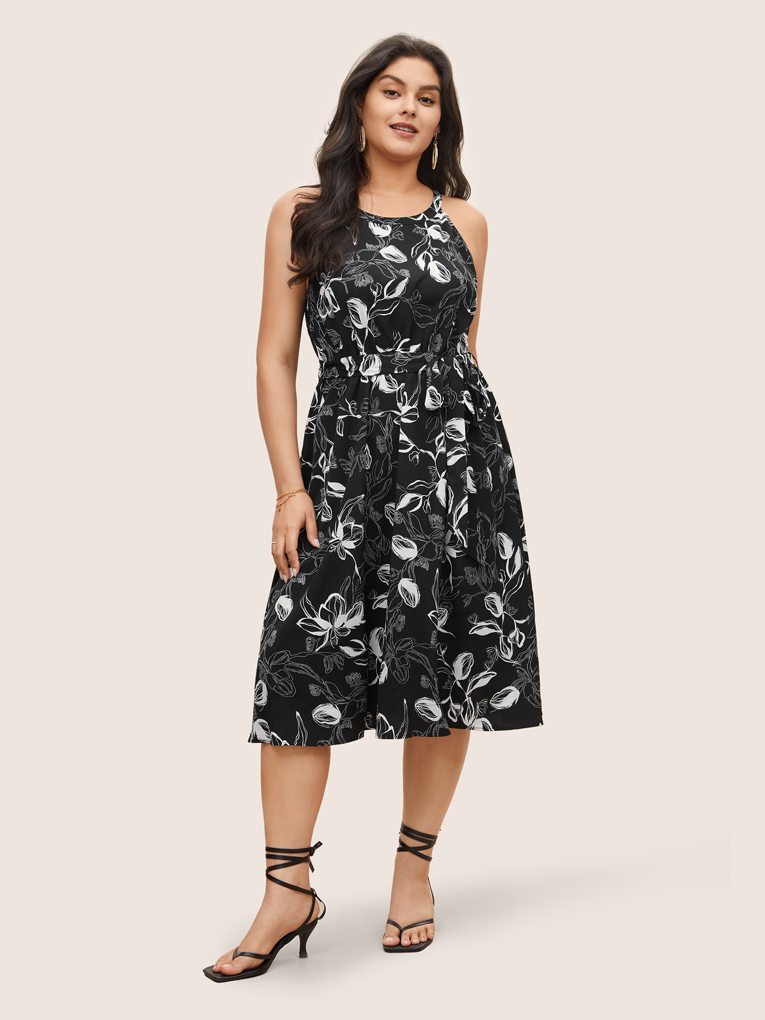 

Plus Size Halter Silhouette Floral Print Belted Dress Black Women Non Curvy Midi Dress BloomChic