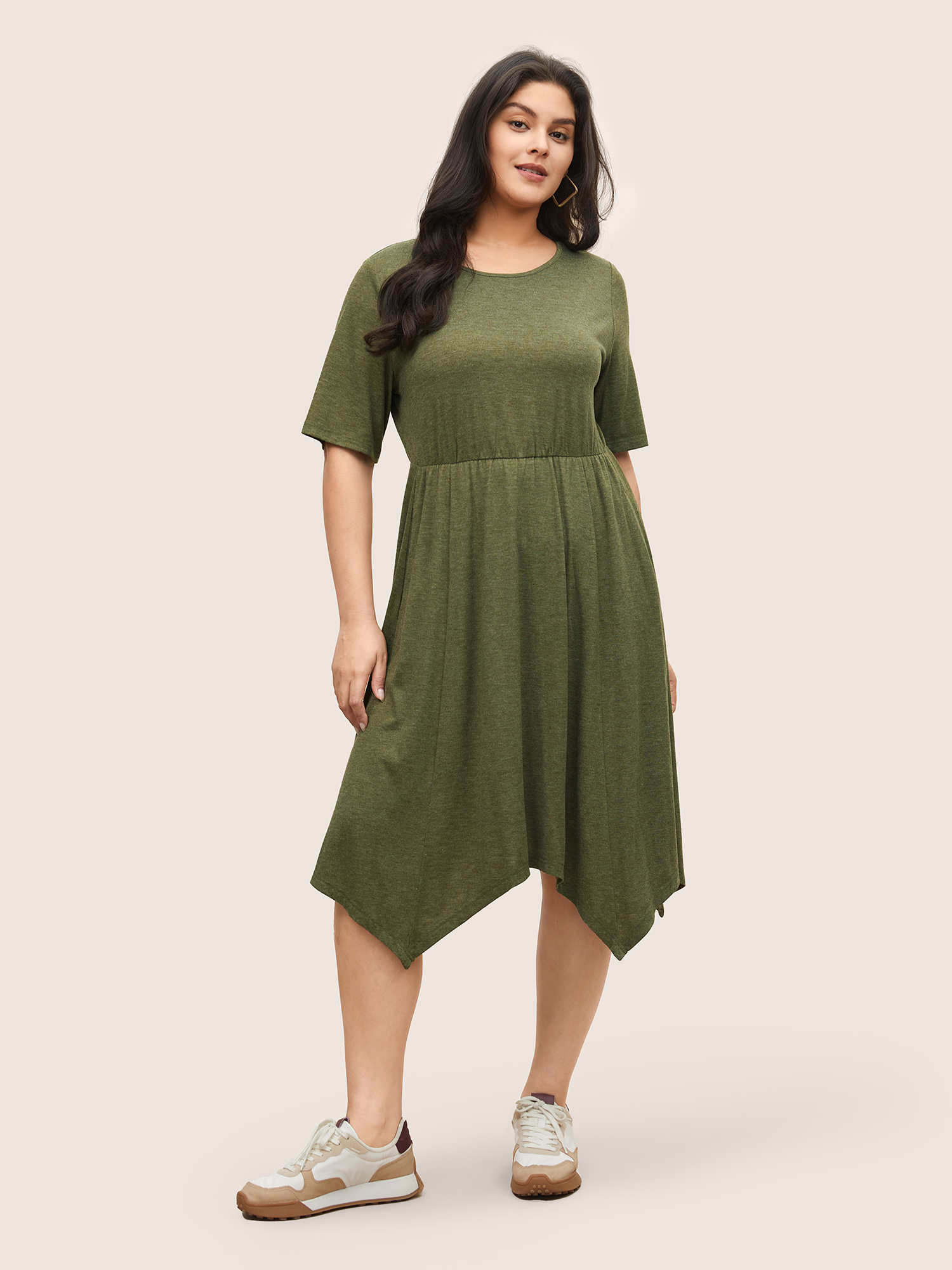 

Plus Size Supersoft Essentials Solid Hanky Hem Dress Sage Women Casual Non Round Neck Short sleeve Curvy Midi Dress BloomChic