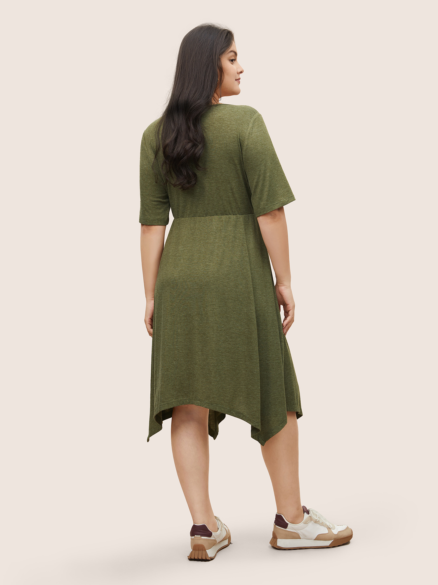 

Plus Size Supersoft Essentials Solid Hanky Hem Dress Sage Women Casual Non Round Neck Short sleeve Curvy Midi Dress BloomChic