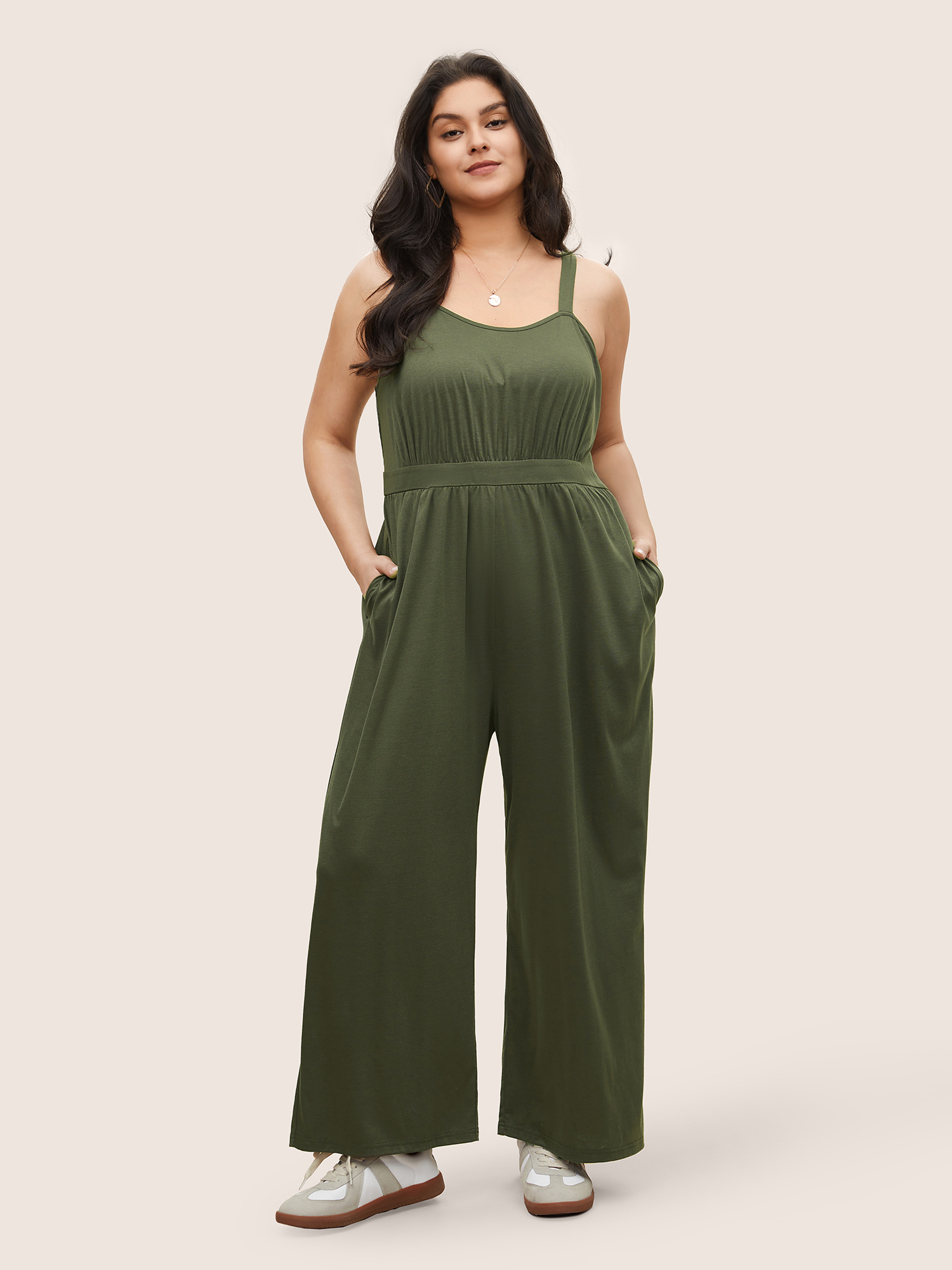 

Plus Size ArmyGreen Supersoft Essentials Shirred Pocket Cami Jumpsuit Women Casual Sleeveless Non Everyday Loose Jumpsuits BloomChic