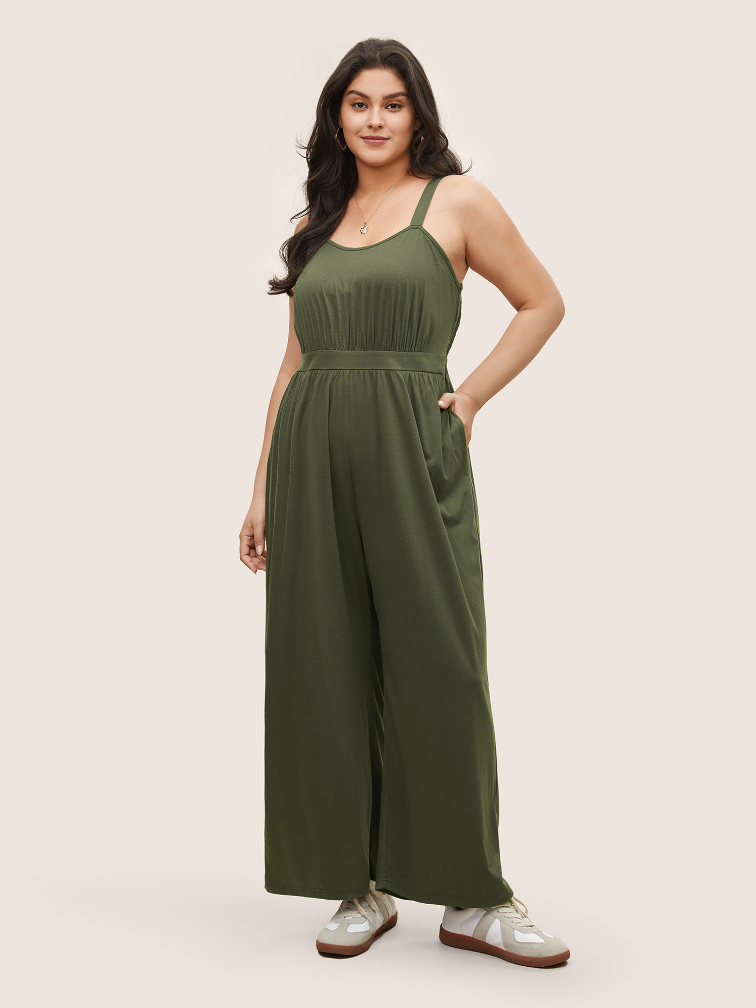 

Plus Size ArmyGreen Supersoft Essentials Shirred Pocket Cami Jumpsuit Women Casual Sleeveless Non Everyday Loose Jumpsuits BloomChic