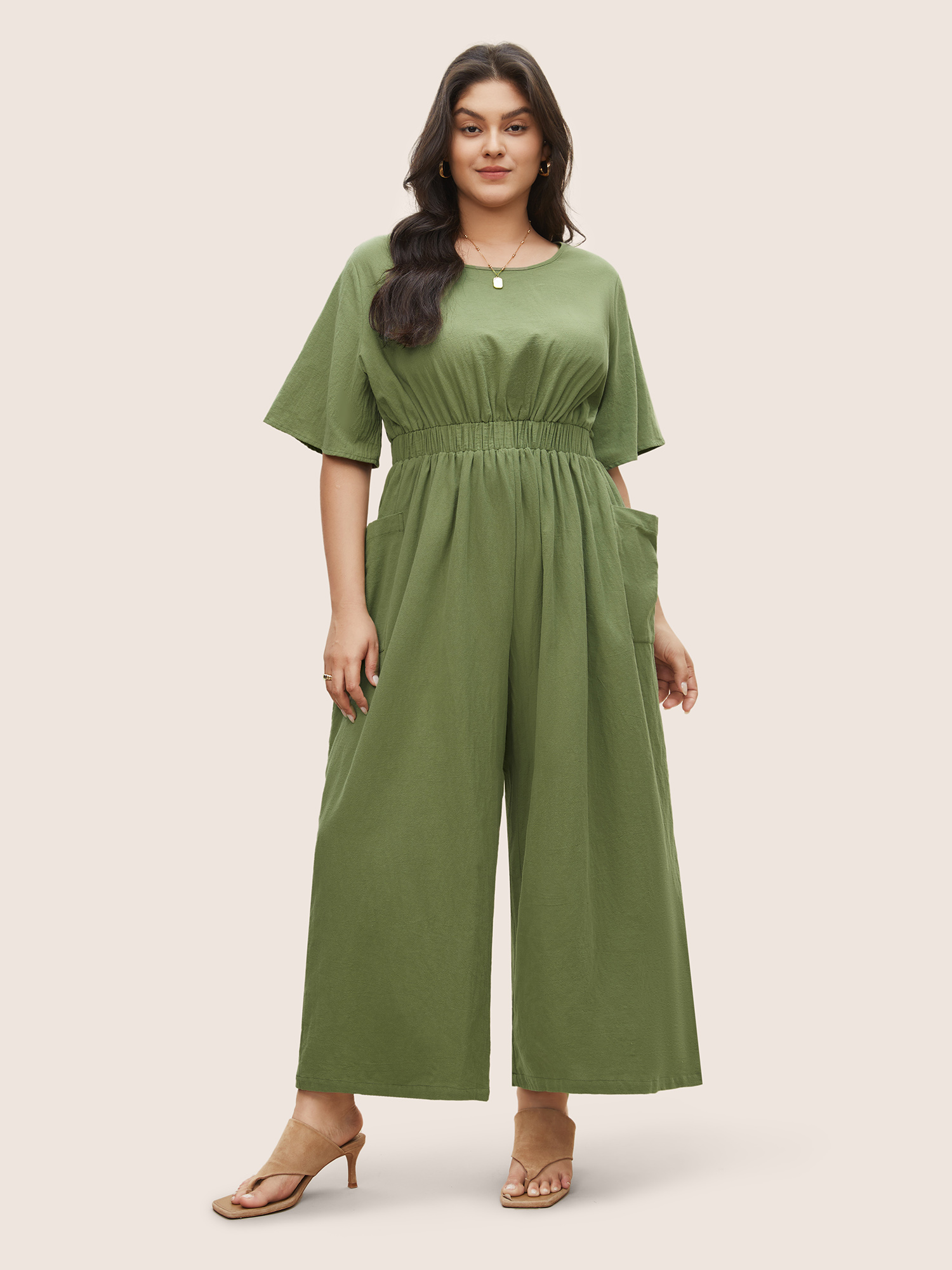 

Plus Size Sage Solid Elastic Waist Patched Pocket Jumpsuit Women Casual Everyday Loose Jumpsuits BloomChic
