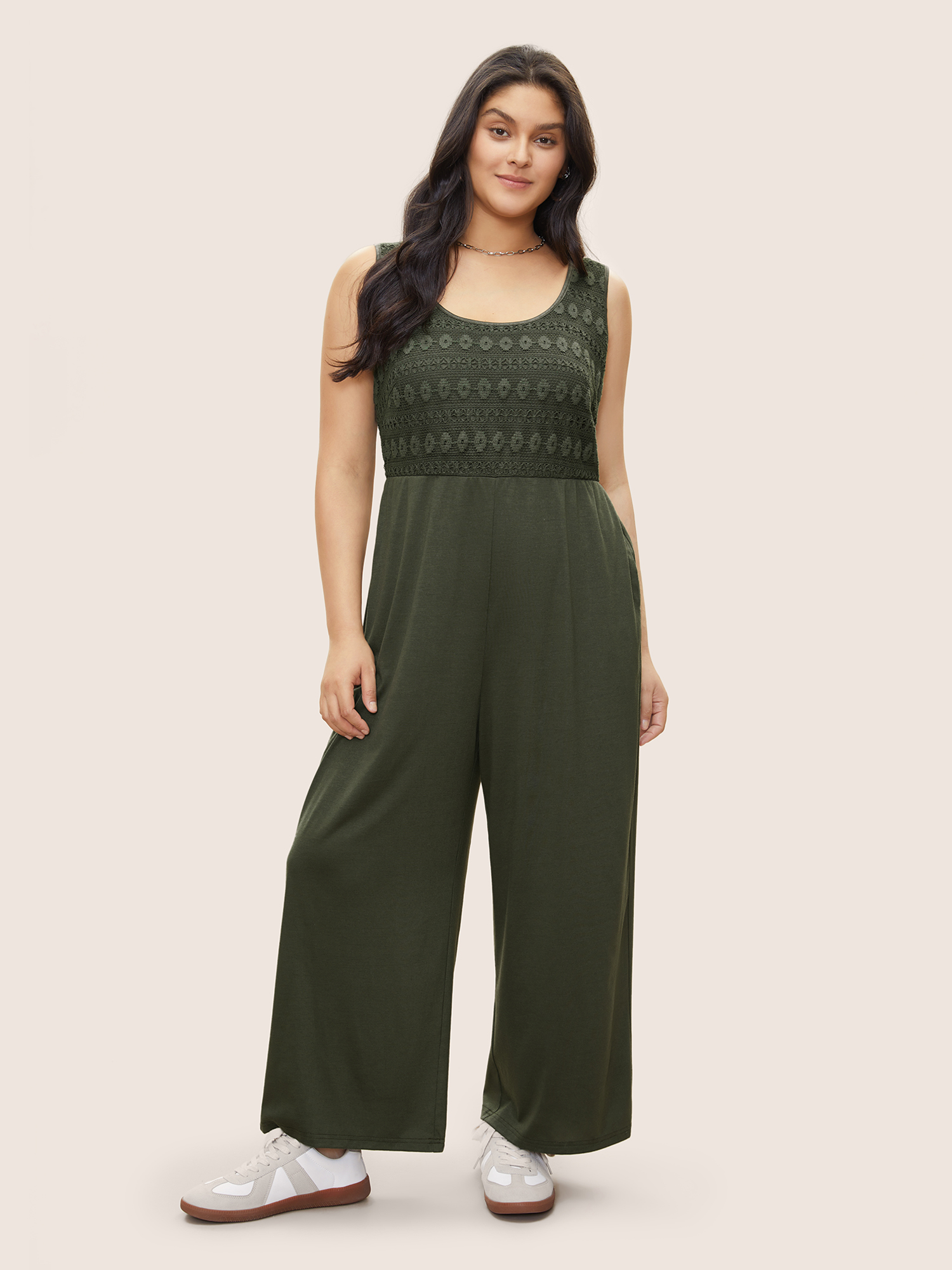 

Plus Size ArmyGreen Lace Panel Patchwork Elastic Waist Jumpsuit Women Casual Everyday Loose Jumpsuits BloomChic