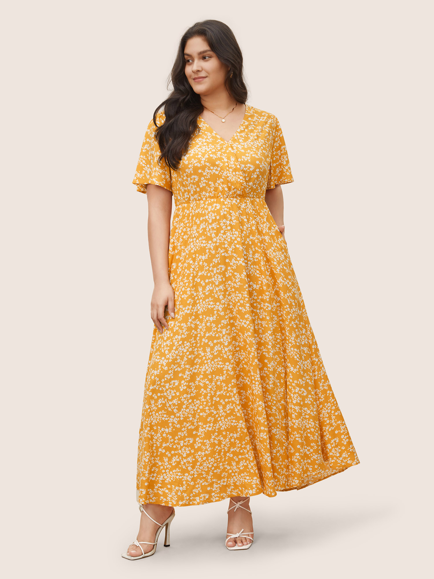 

Ditsy Floral Printed Vintage Plus Size Women Vacation Long Dress Ruffle Sleeve Half Sleeve V Neck Pocket Elegance Dresses BloomChic, Yellow