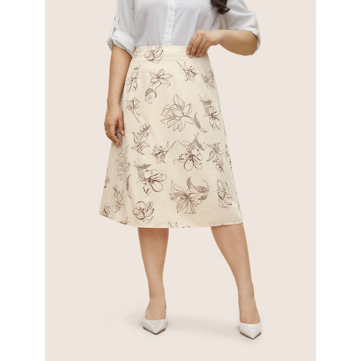 

Plus Size Floral Print Pocket Zipper Fly Skirt Women Apricot Elegant Non No stretch Slanted pocket Everyday Skirts BloomChic
