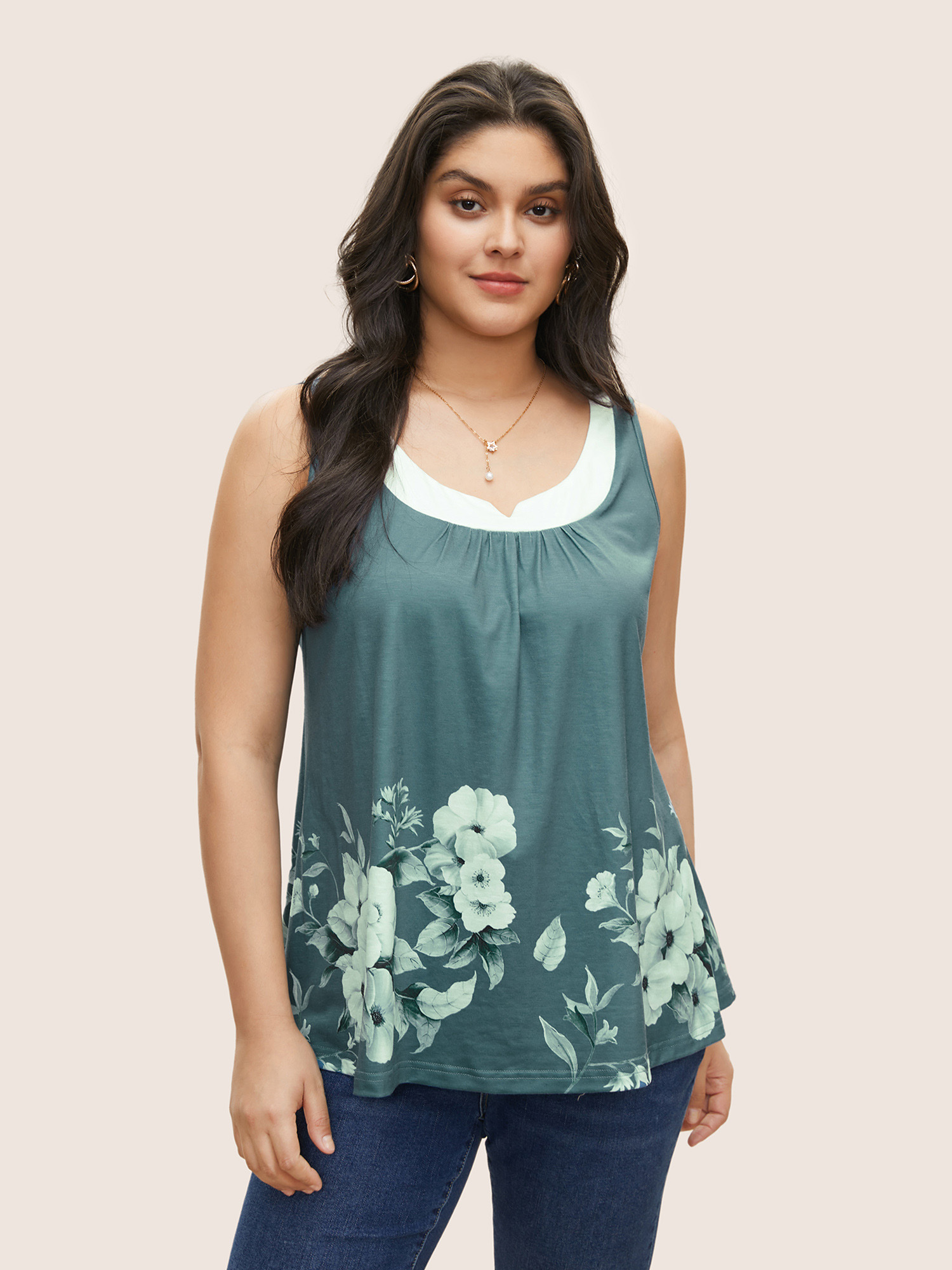 

Plus Size Boho Print Contrast Notched Tank Top Women Green Elegant Gathered Notched collar Everyday Tank Tops Camis BloomChic
