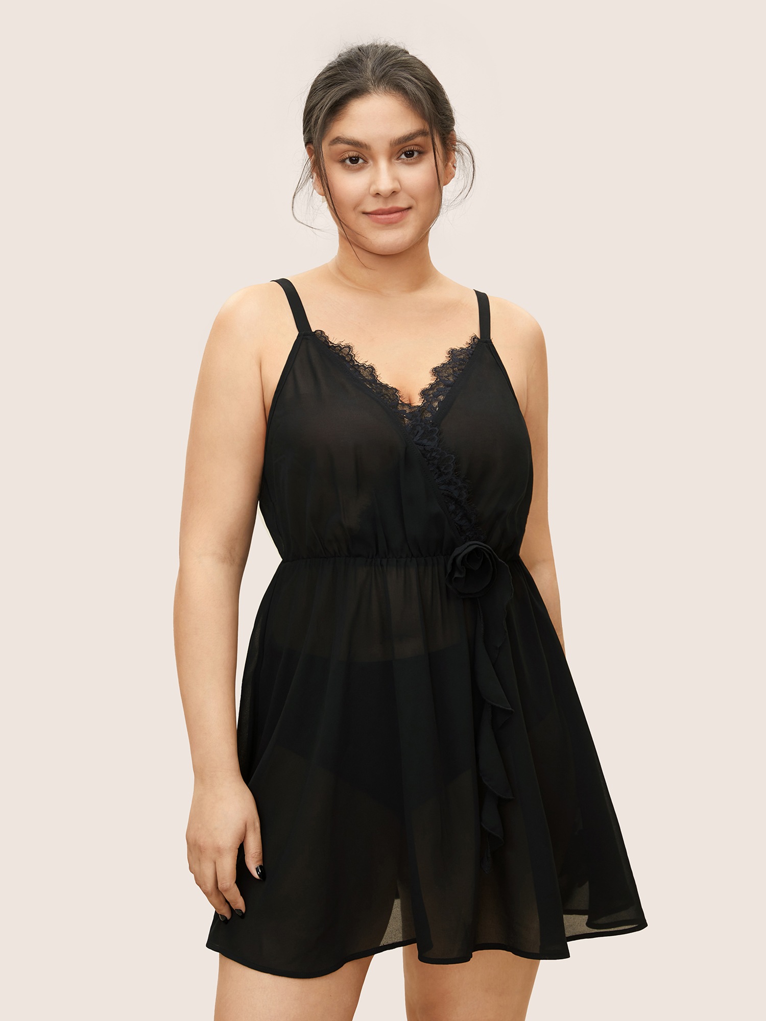 

Plus Size Wrap Lace Patchwork Mesh Sleep Dress Black Sleeveless V-neck Lounge Everyday  Bloomchic