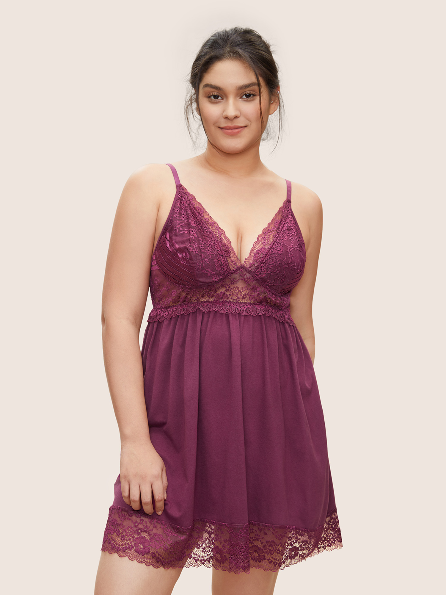 

Plus Size Solid Lace Panel Mesh Cami Sleep Dress Burgundy Sleeveless Deep V-neck Lounge Everyday  Bloomchic