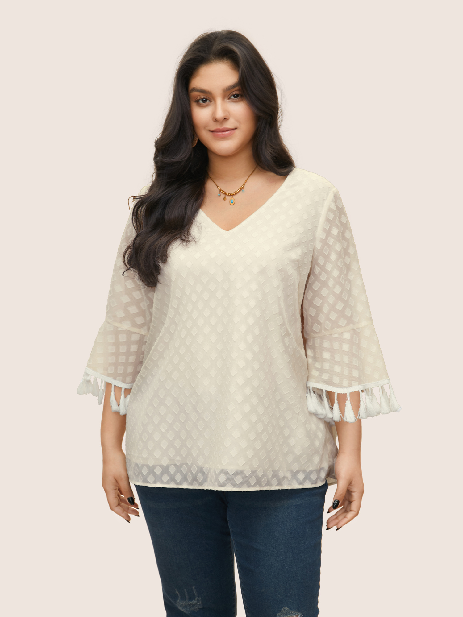 

Plus Size Ivory V Neck Jacquard Mesh Tassel Trim Blouse Women Resort Elbow-length sleeve V-neck Vacation Blouses BloomChic