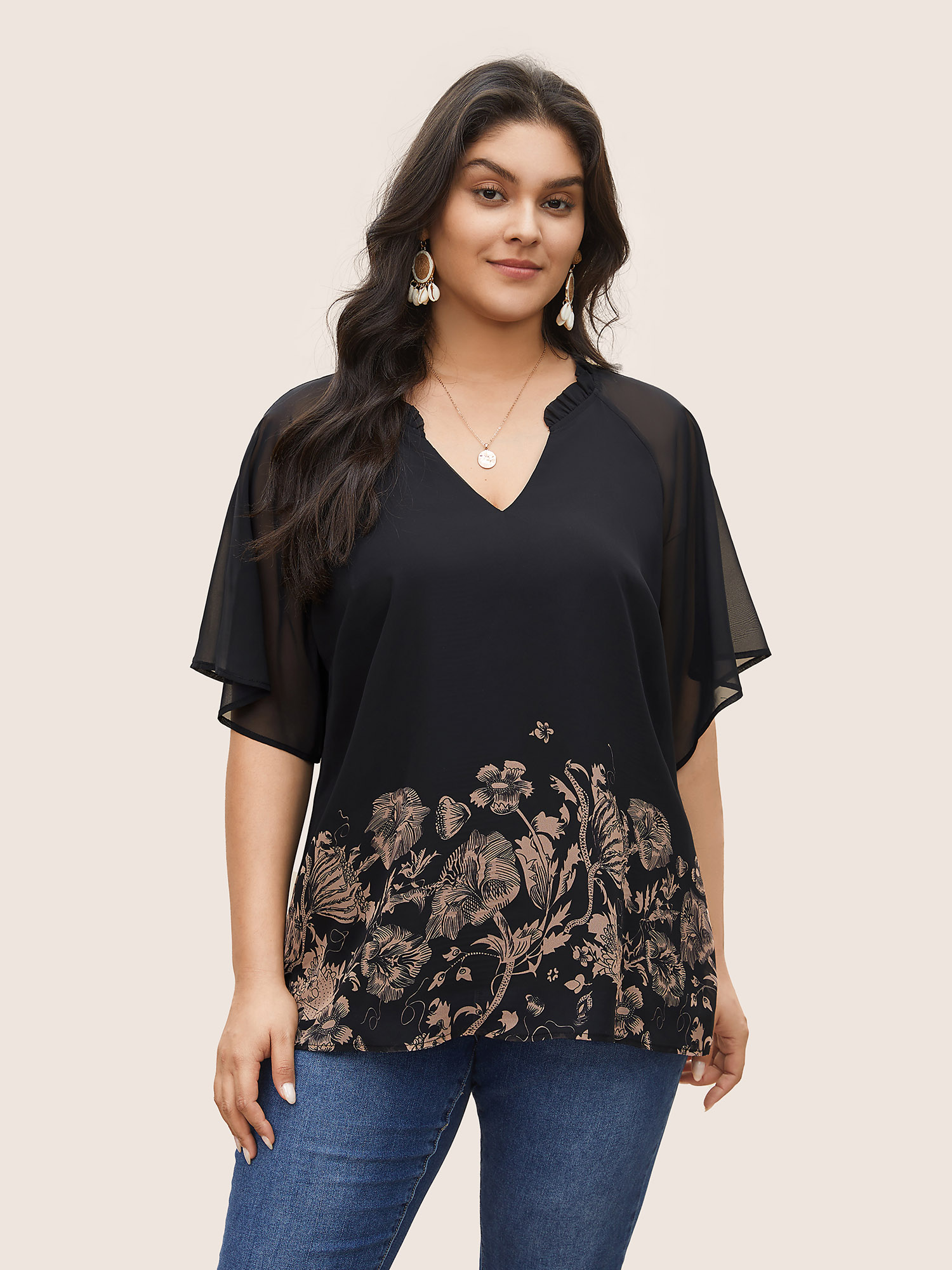 

Plus Size Black Boho Print Patchwork Mesh Frill Trim Blouse Women Resort Half Sleeve Notched collar Vacation Blouses BloomChic