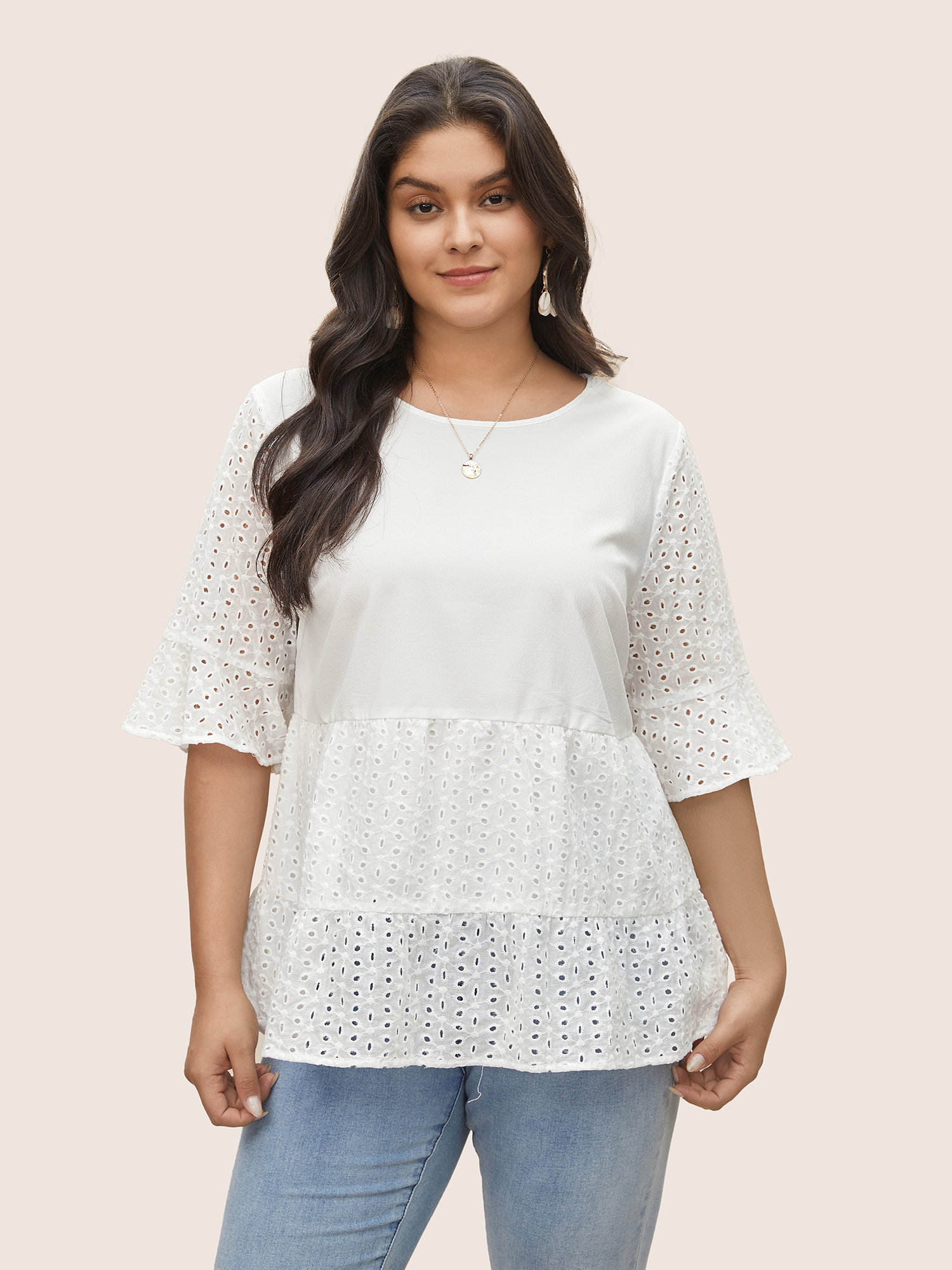 

Plus Size White Broderie Anglaise Patchwork Flutter Sleeve Blouse Women Resort Half Sleeve Round Neck Vacation Blouses BloomChic