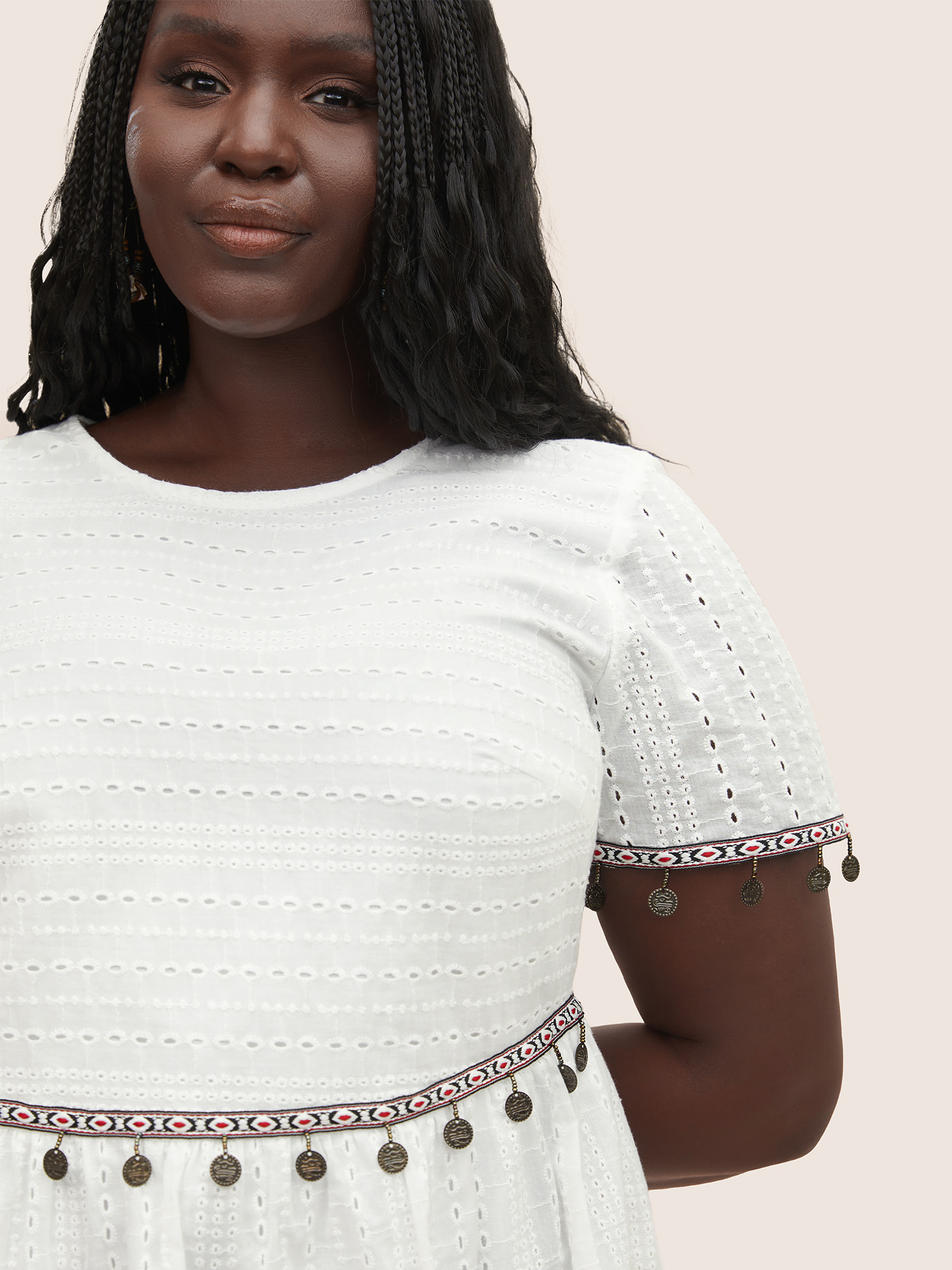 

Plus Size White Broderie Anglaise Patchwork Tassel Trim Blouse Women Resort Short sleeve Round Neck Vacation Blouses BloomChic