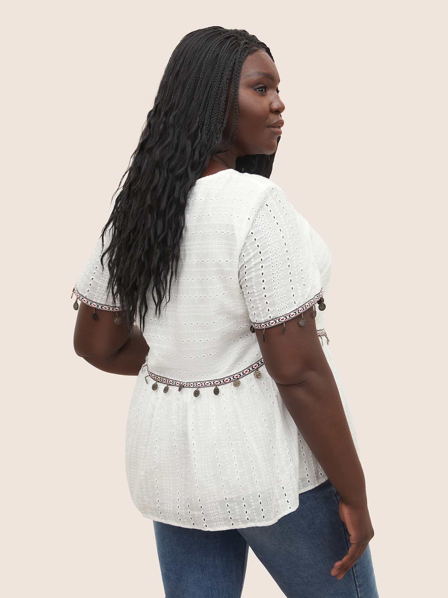 Plus Size White Broderie Anglaise Patchwork Tassel Trim Blouse Women Resort Short sleeve Round Neck Vacation Blouses BloomChic 28/5X 